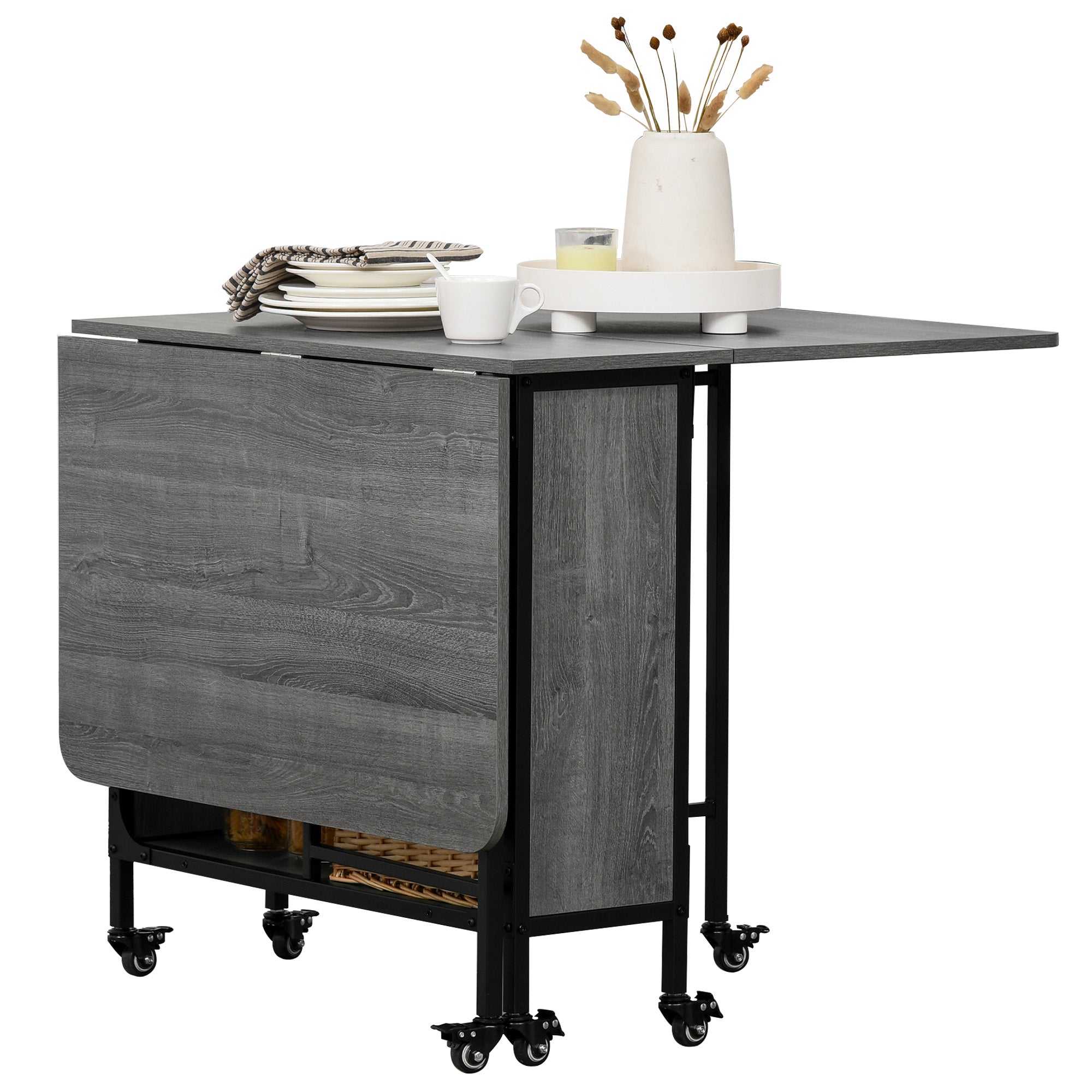 HOMCOM Six-Person Drop Leaf Dining Table - Grey/Black - North Peak Garden Furniture