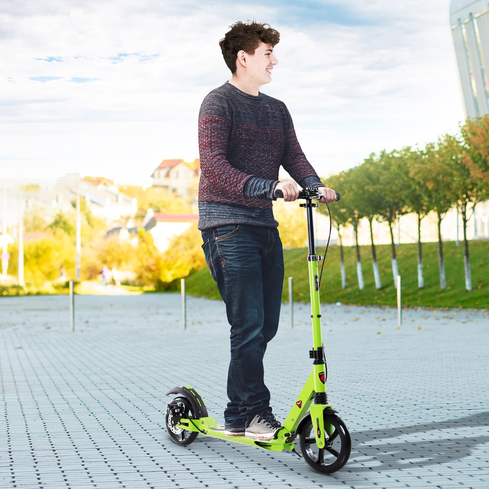 HOMCOM Kick Scooter, Folding 2 Wheel Scooter for 14+ Teens Adults, with Dual Brake System, Dual Suspension, 230mm Big Wheels, 3 Adjustable Handlebar, up to 100KG, Green - North Peak Garden Furniture