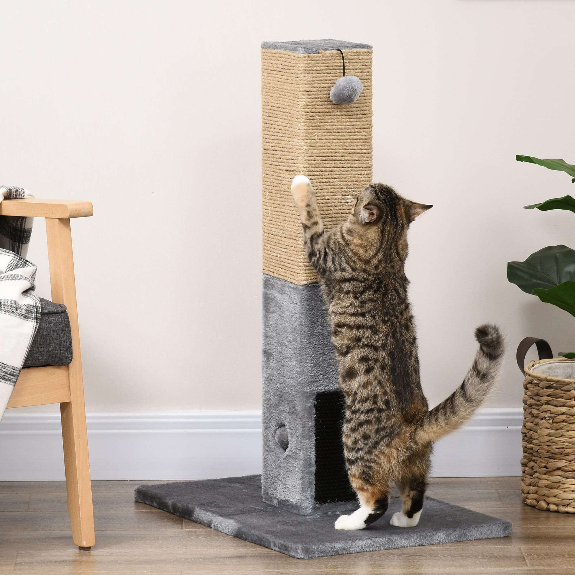 PawHut Cat Tree Scratching Post for Indoor Cats 79cm Jute Scratcher Climber w/ Carpet Base Dangling Toy – Grey
