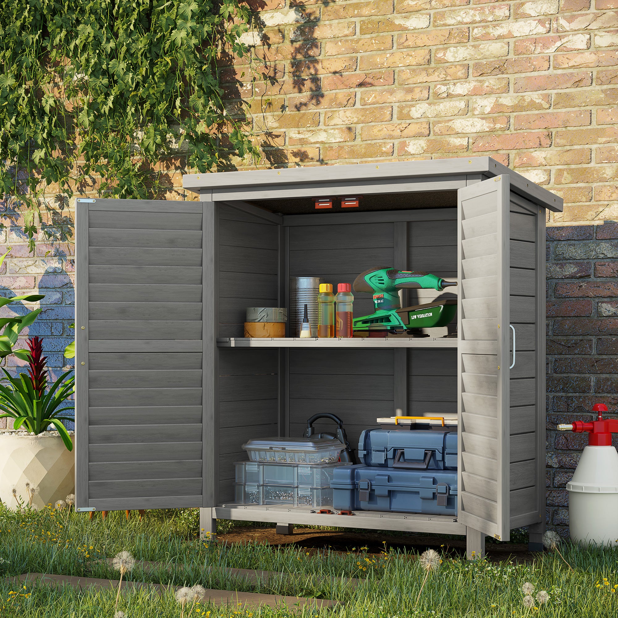 Outsunny Garden Shed Wooden Garden Storage Shed 2 Door Unit Solid Fir Wood Garage Tool Organisation Cabinet, 87L x 46.5W x 96.5Hcm, Grey - North Peak Garden Furniture