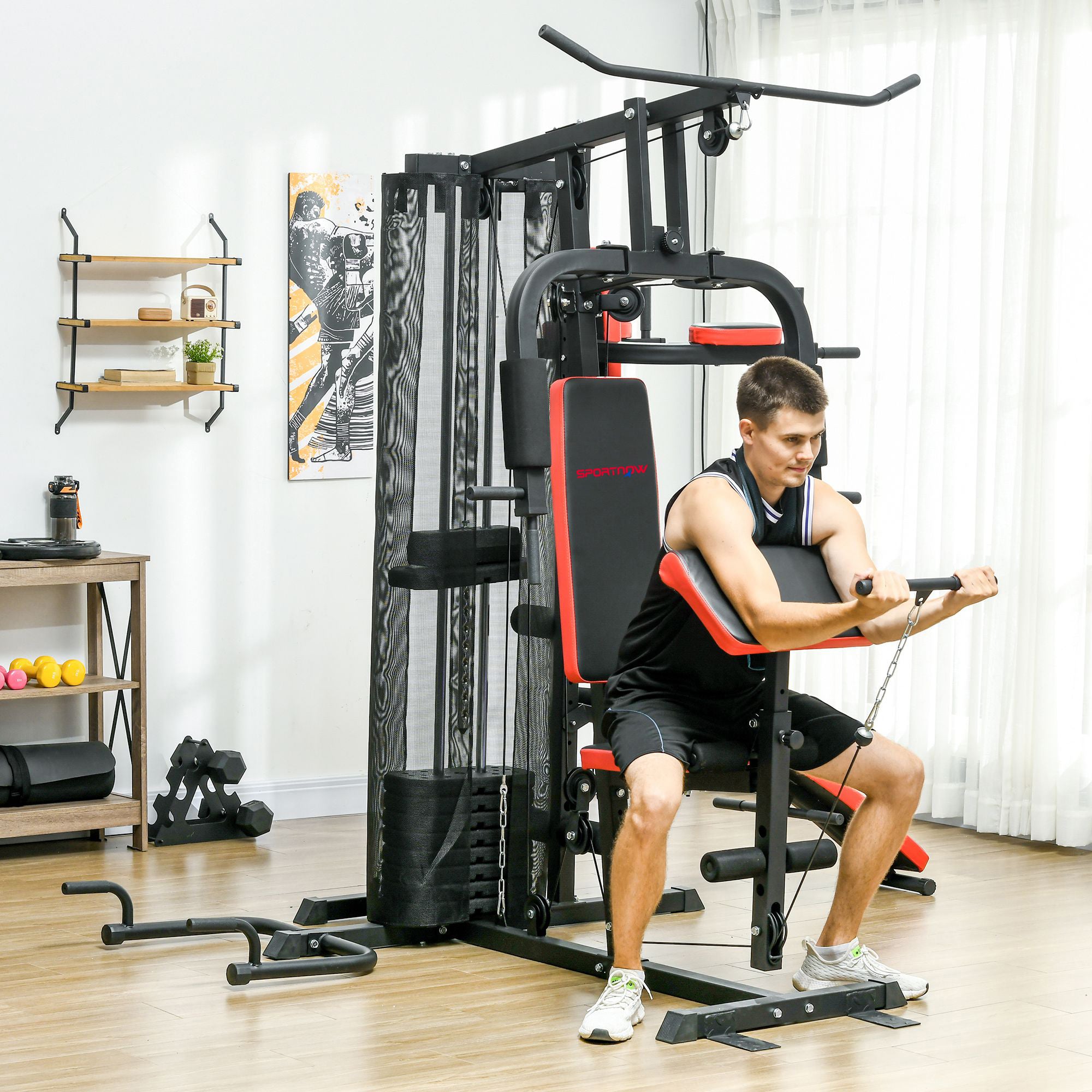 SPORTNOW Multi Gym Workout Station, Weight Machine with 65kg Weight Stack, Sit Up Bench, Push Up Stand, Dip Station - North Peak Garden Furniture