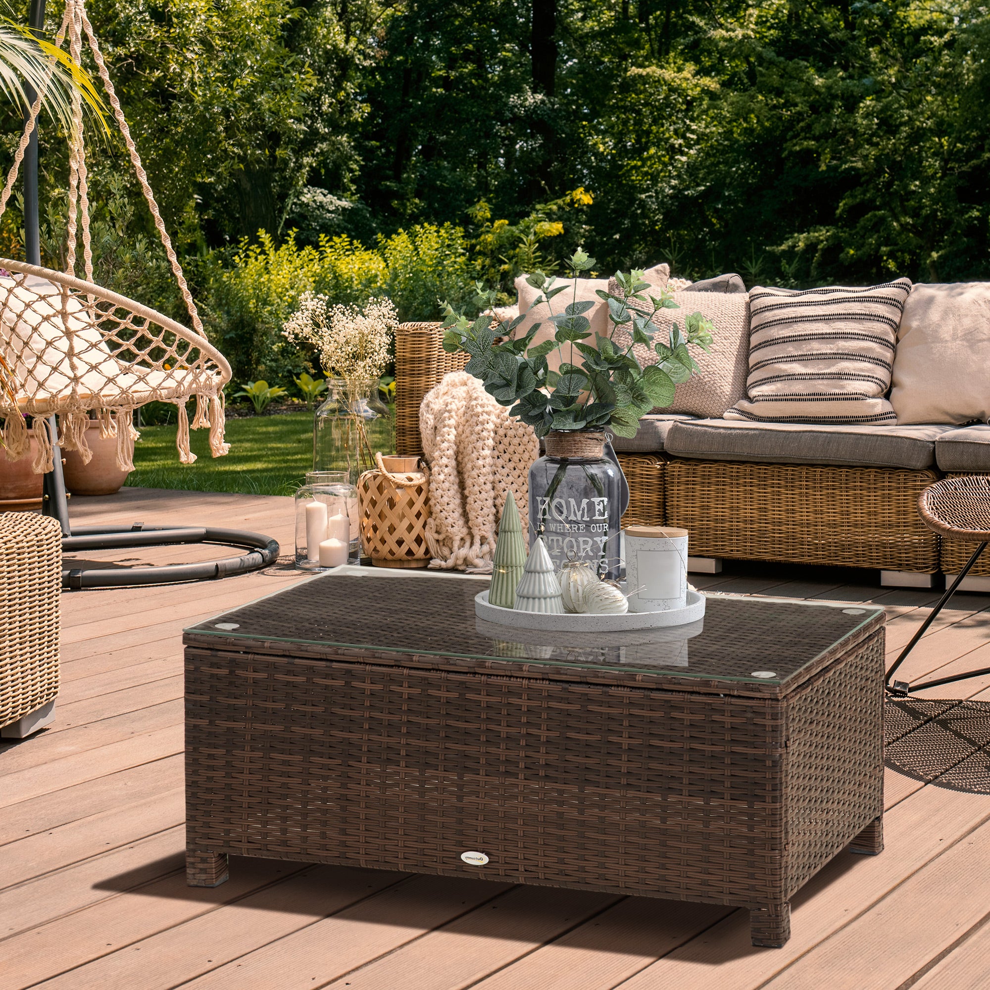 Outsunny PE Rattan Garden Coffee Table with Glass Table Top - Brown - North Peak Garden Furniture