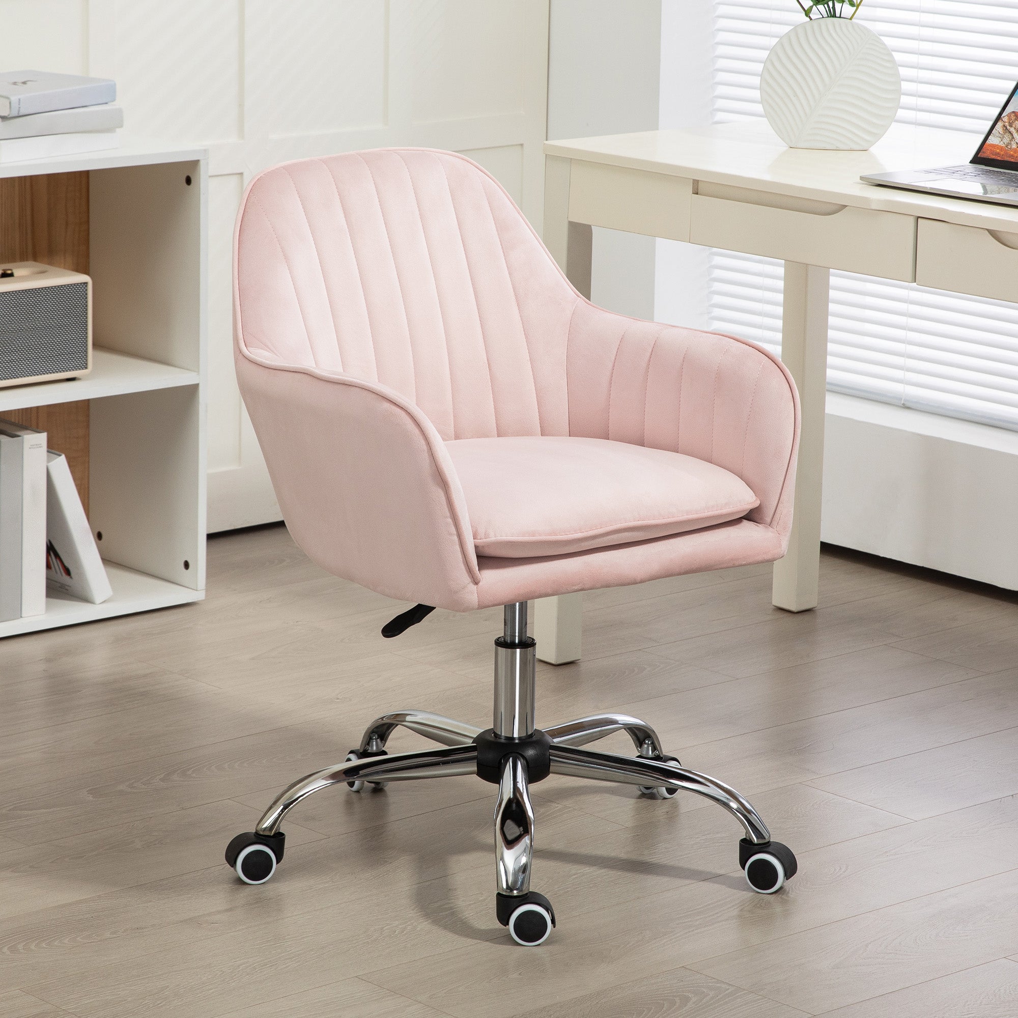 HOMCOM Velvet-Feel Tub Office Chair, with Seat Cushion - Pink - North Peak Garden Furniture