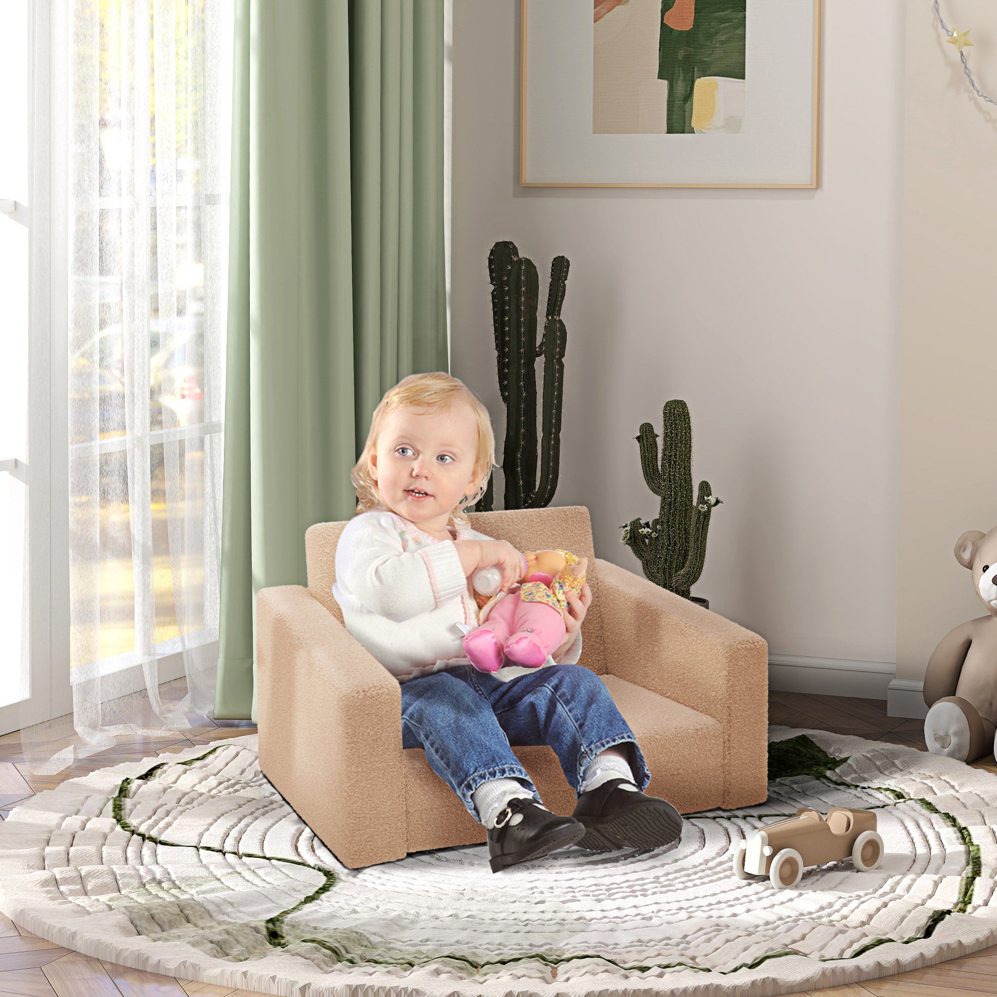 AIYAPLAY 2 in 1 Kids Armchair, Foldable Recliner for 1.5-3 Years Old, Khaki - North Peak Garden Furniture