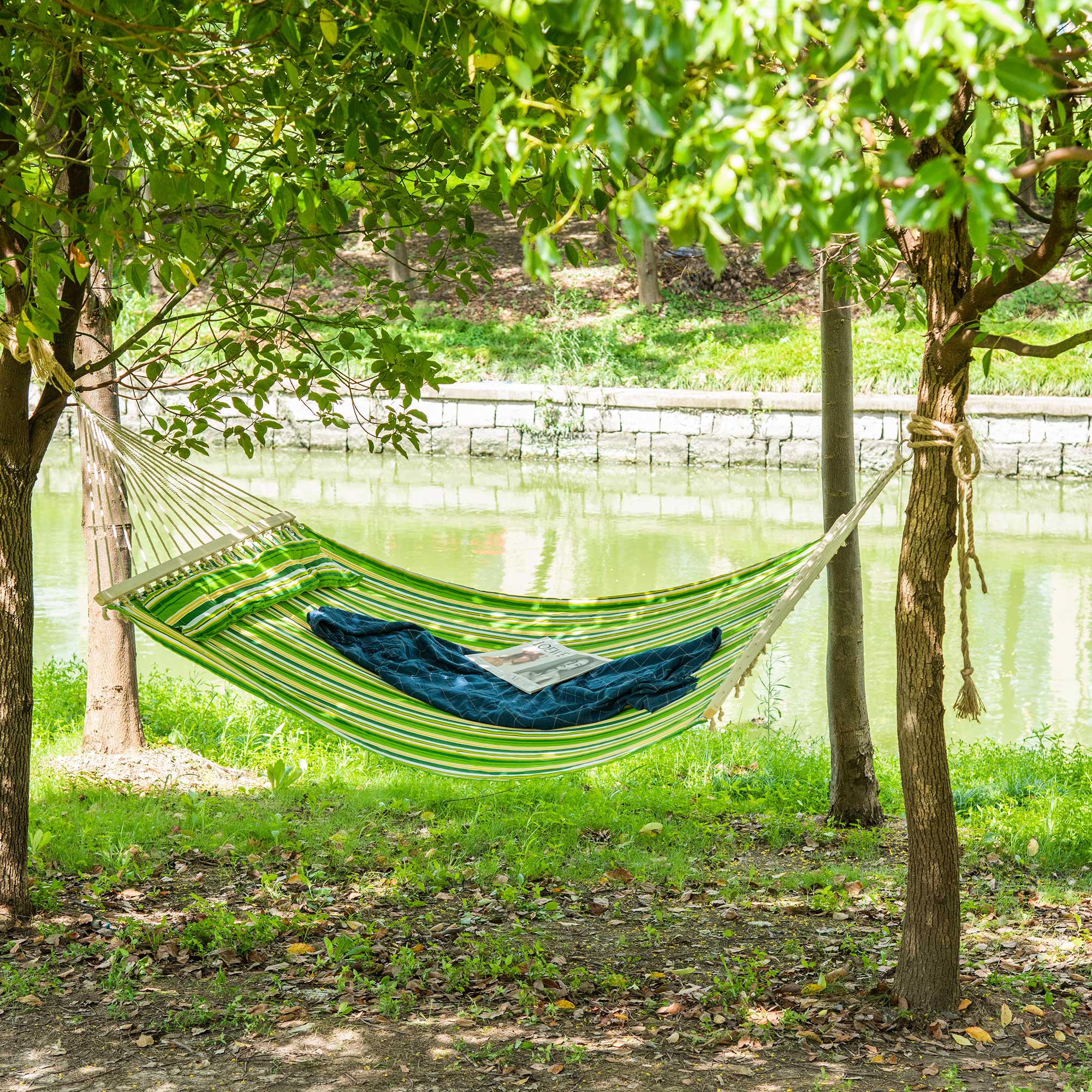 Outsunny Double Cotton Hammock Camping Swing Outdoor Garden Beach Stripe Hanging Bed with Pillow 188L x 140W cm, Green - North Peak Garden Furniture