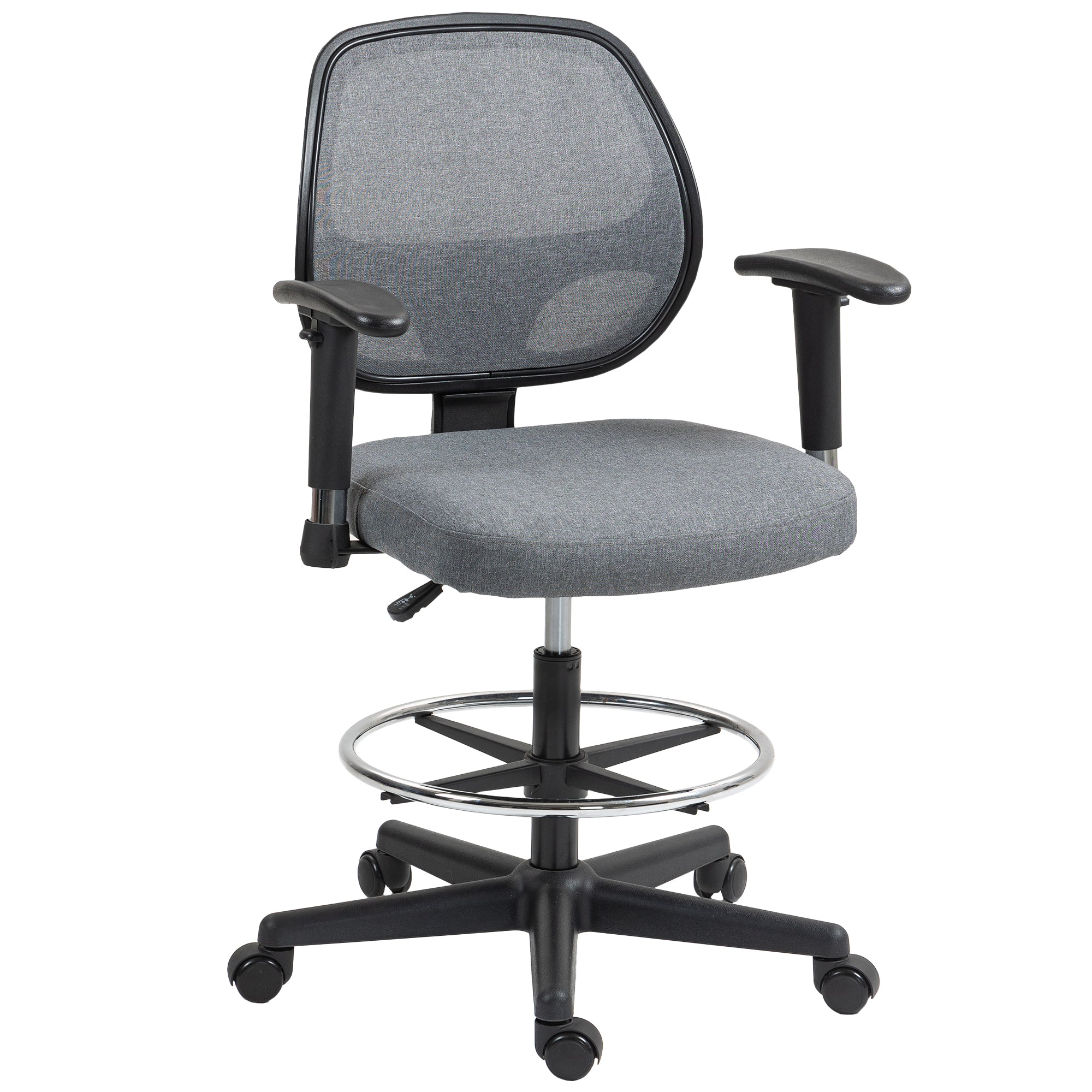 Vinsetto Drafting Chair, Fabric Office Chair, Ergonomic Painting Chair with Height Armrest Adjustable and Foot Ring, 360° Swivel Stool Chair for Standing Desk, Grey - North Peak Garden Furniture