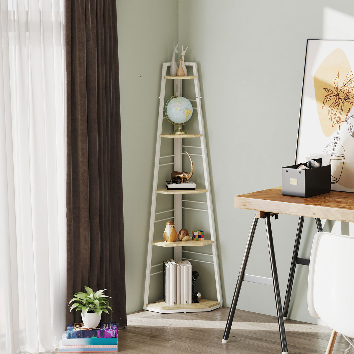 HOMCOM Five-Tier Corner Shelf - White/Wood-Effect