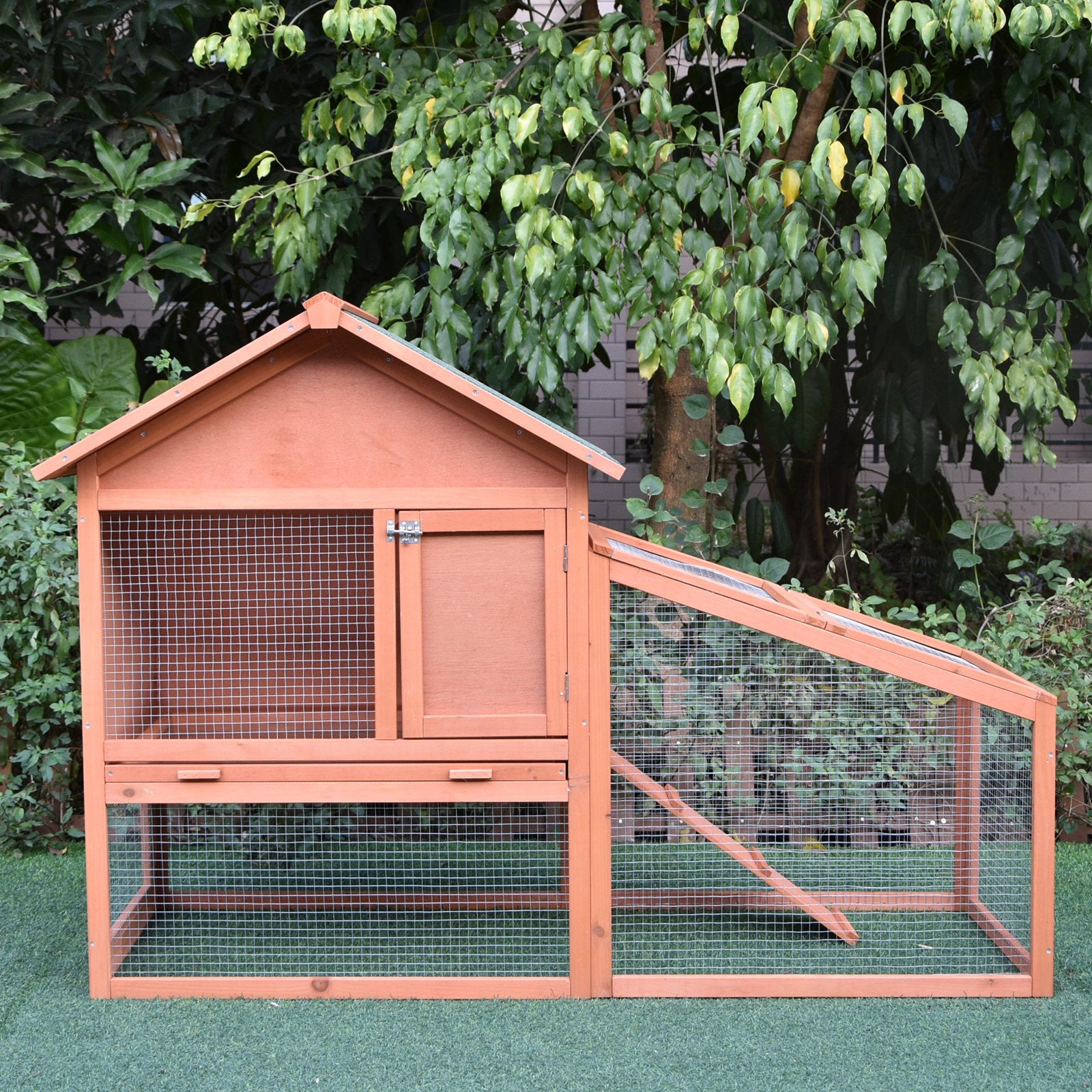 PawHut Small Animal Two-Level Fir Wood Guinea Pigs Hutches w/ Slide Out Tray Red/Brown - North Peak Garden Furniture
