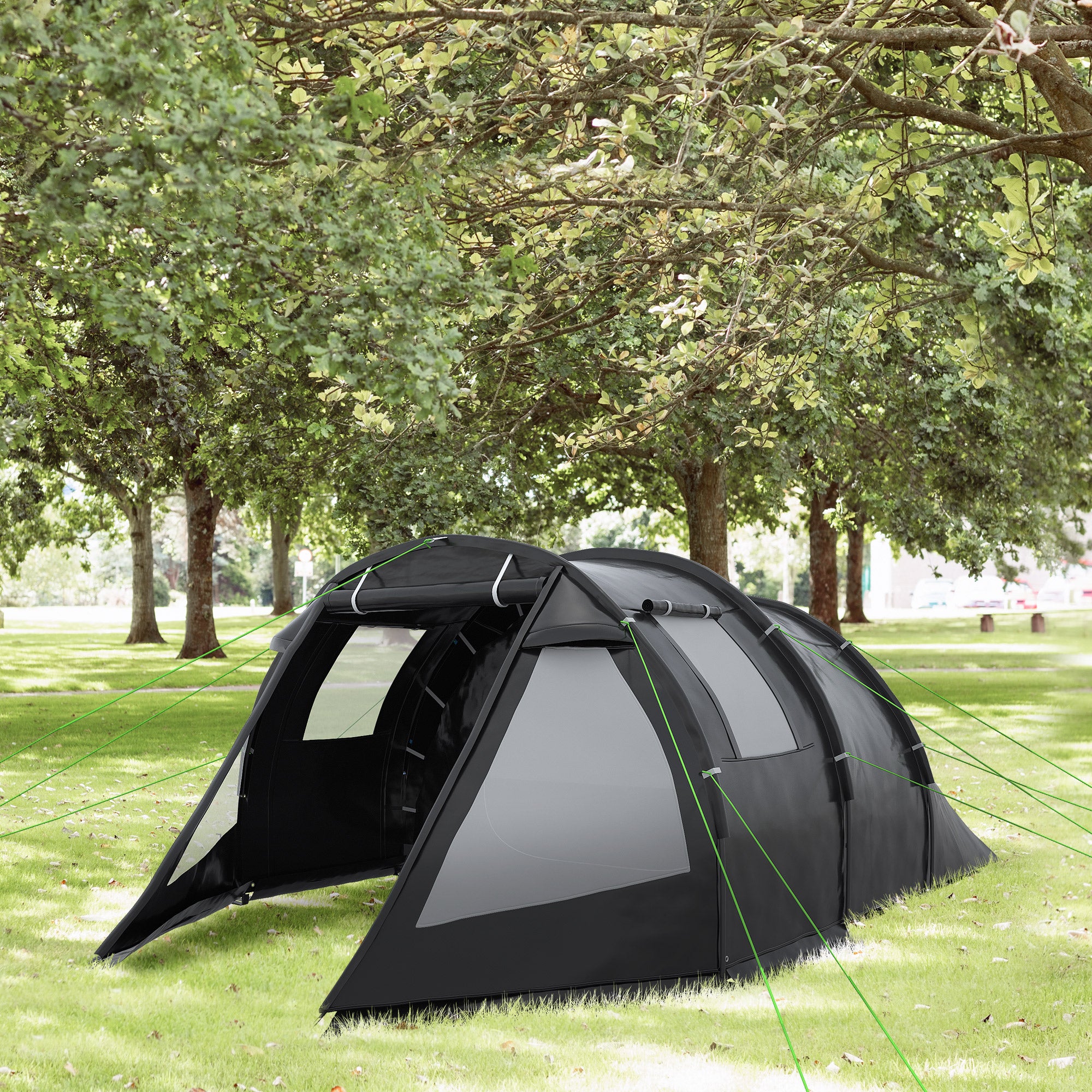 Outsunny 3-4 Man Tunnel Tent, Two Room Camping Tent with Windows and Covers, Portable Carry Bag, for Fishing, Hiking, Sports, Festival - Black - North Peak Garden Furniture