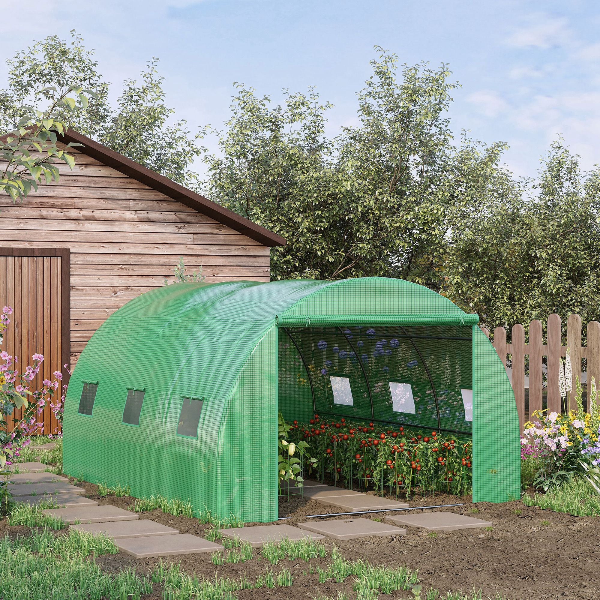 Outsunny Walk-in Polytunnel Greenhouse, Outdoor Garden Tunnel Greenhouse Tent with Zipped Roll-Up Door and 6 Mesh Windows, 4 x 3M - North Peak Garden Furniture