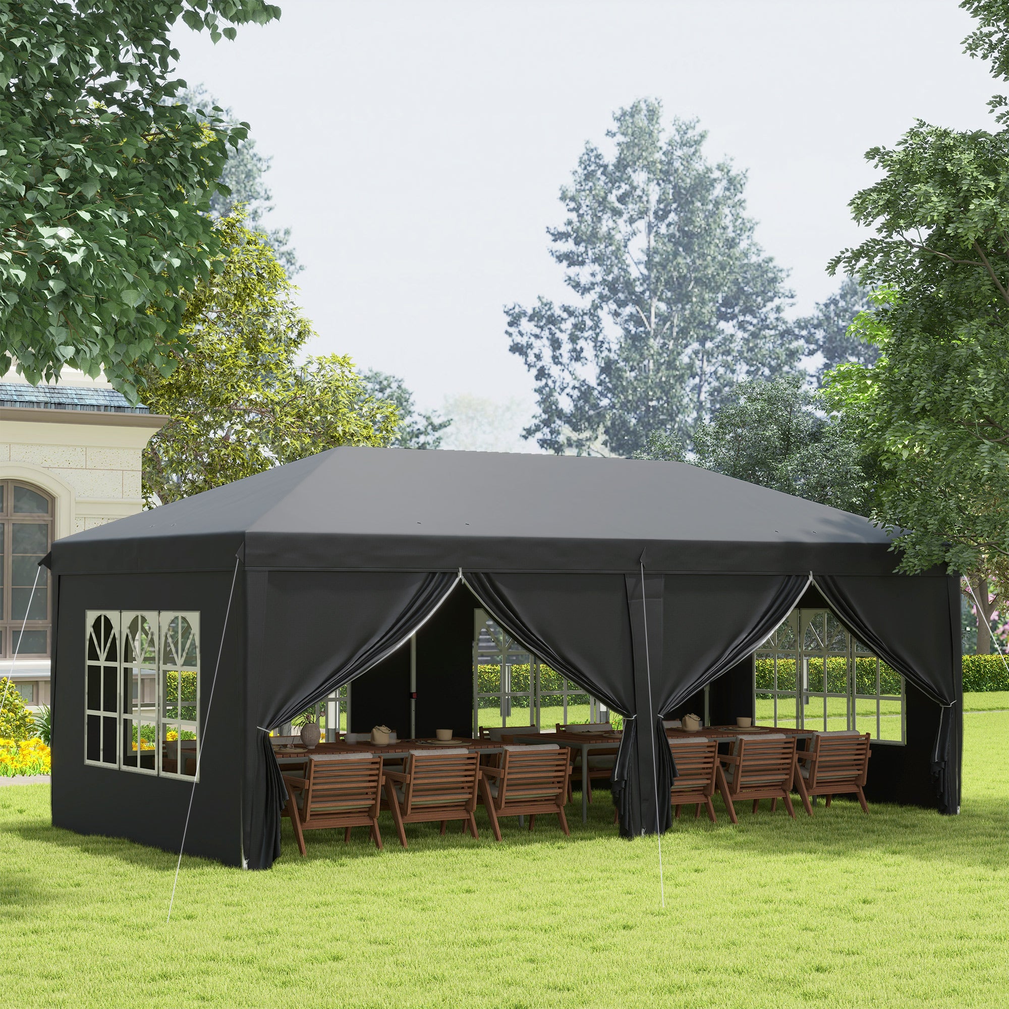 Outsunny 3 x 6 m Pop Up Gazebo with Sides and Windows, Height Adjustable Party Tent with Storage Bag for Garden, Camping, Event, Black - North Peak Garden Furniture