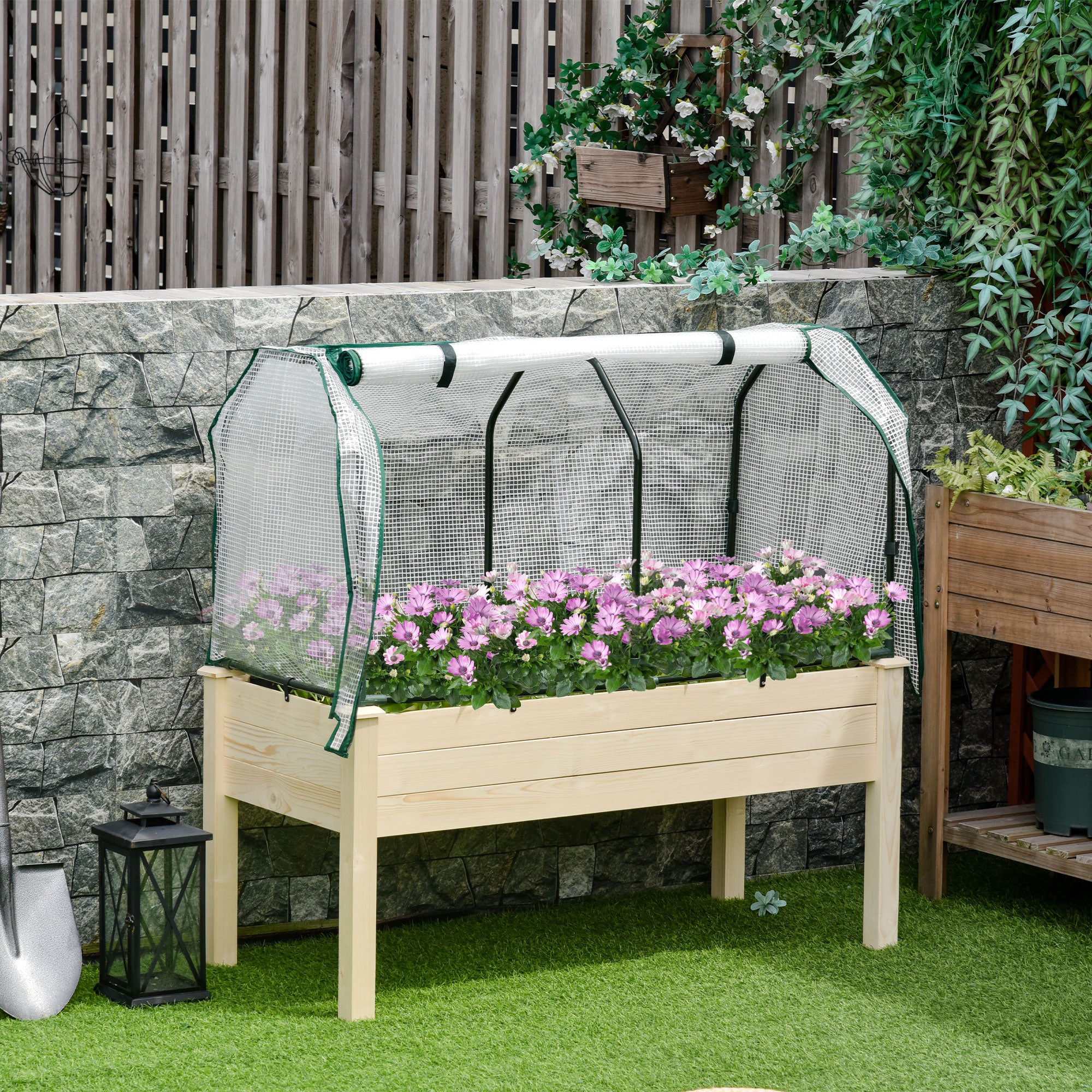 Outsunny Raised Garden Bed Outdoor Elevated Wood Planter Box w/ PE Cover, Natural - North Peak Garden Furniture