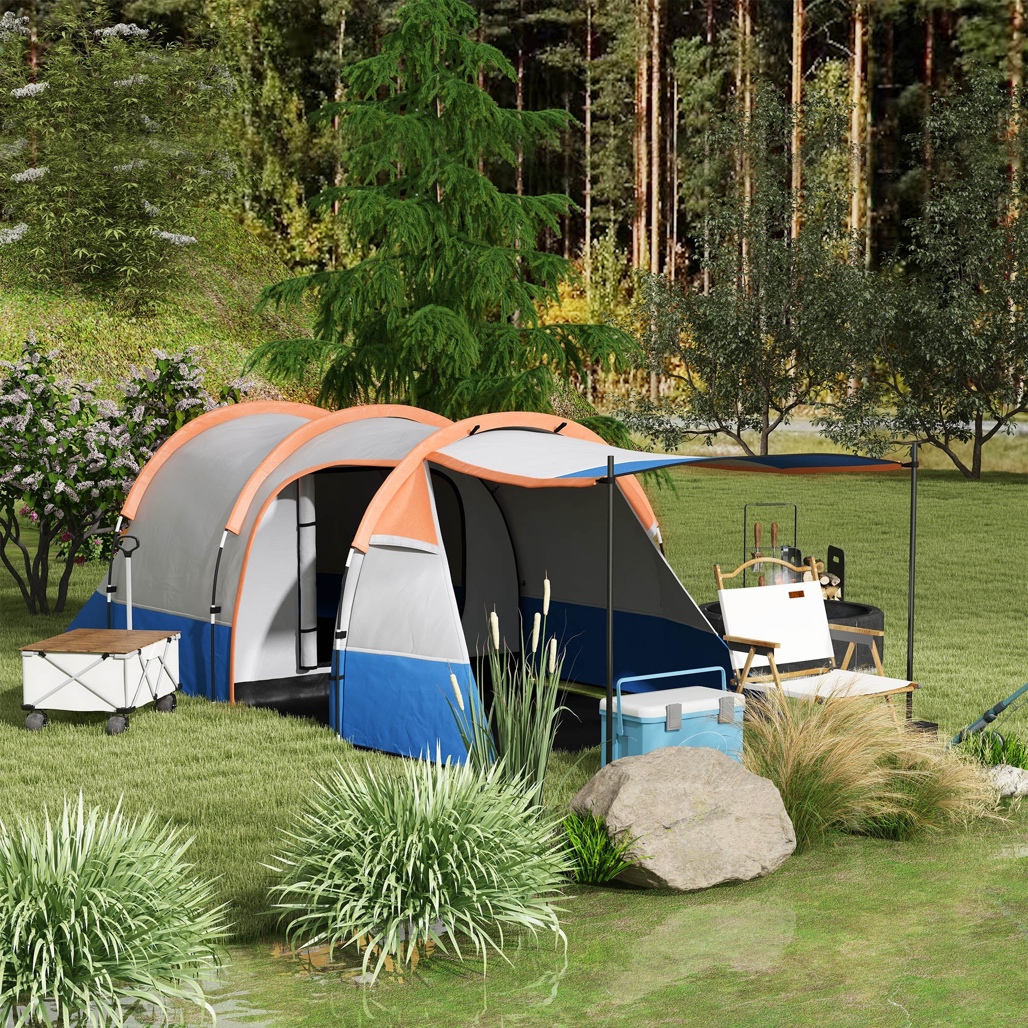 Outsunny Camping Tent, Large Tunnel Tent with Bedroom and Living Area, 2000mm Waterproof, Portable with Bag for 2-3 Man, Orange - North Peak Garden Furniture