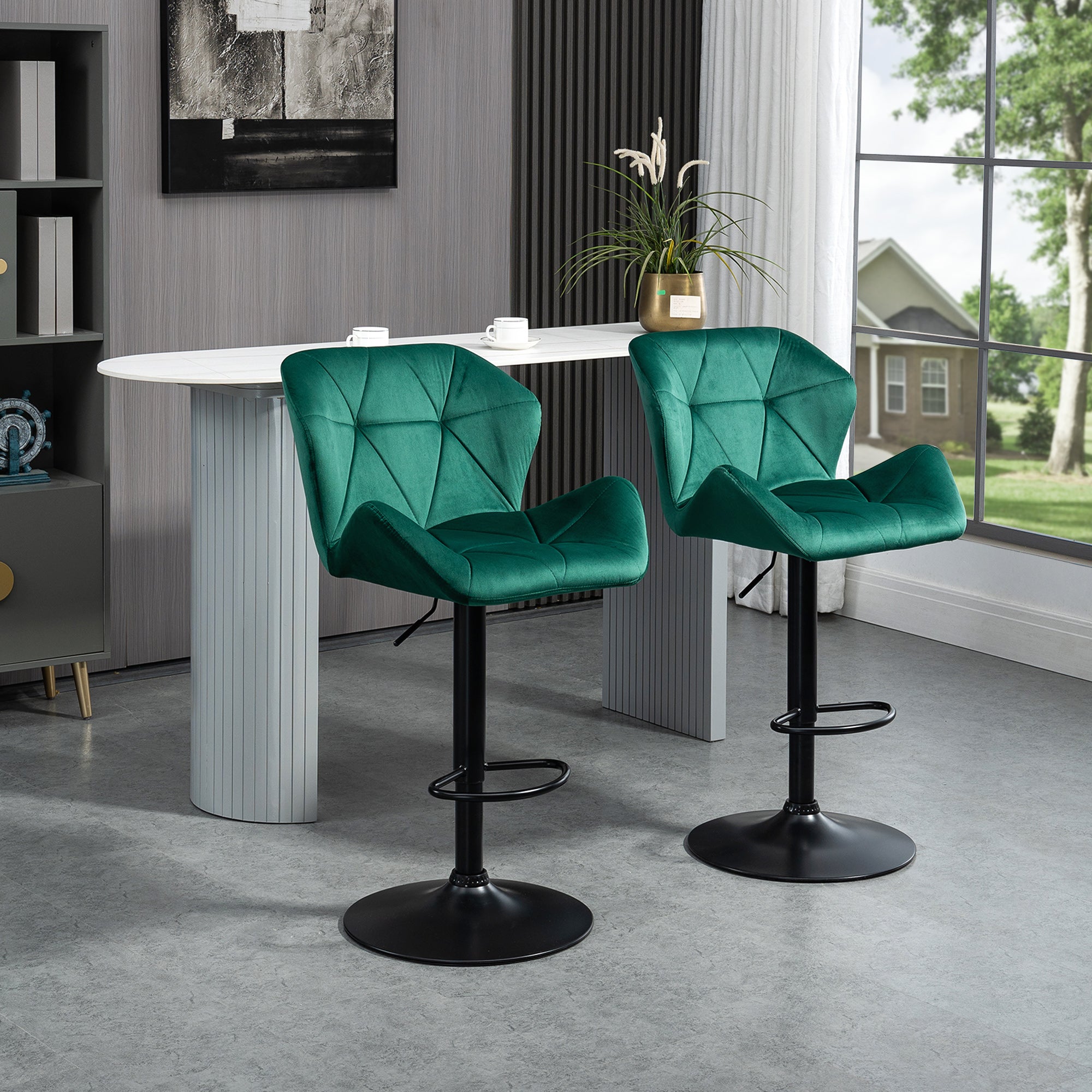 HOMCOM Bar Stools Set Of 2, Luxurious Velvet-Touch Barstools with Metal Frame Footrest Round Base Triangle Indenting Moulded Seat Adjustable Height Swivel Green - North Peak Garden Furniture