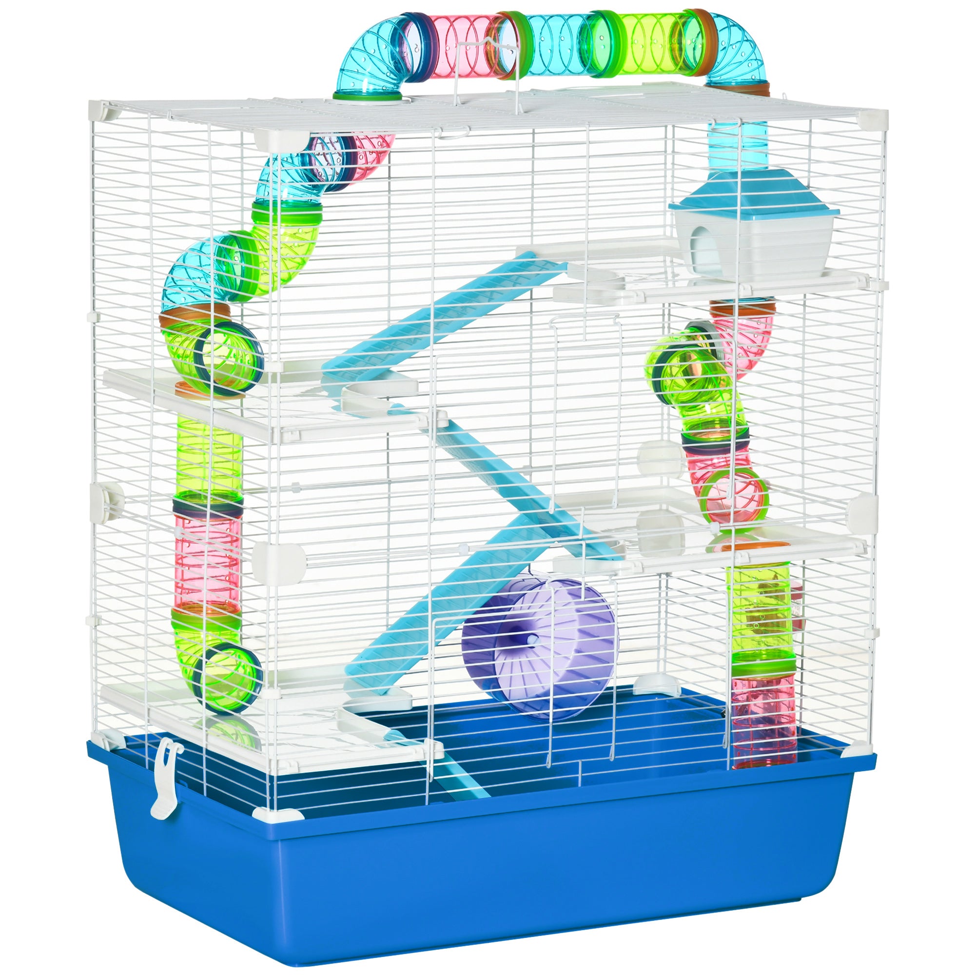 PawHut Hamster Cage with Tunnel Tube System, 5 Level Gerbil Haven with Water Bottle, Exercise Wheel, Food Dish, Ramps 59 cm x 36 cm x 69 cm - Blue - North Peak Garden Furniture