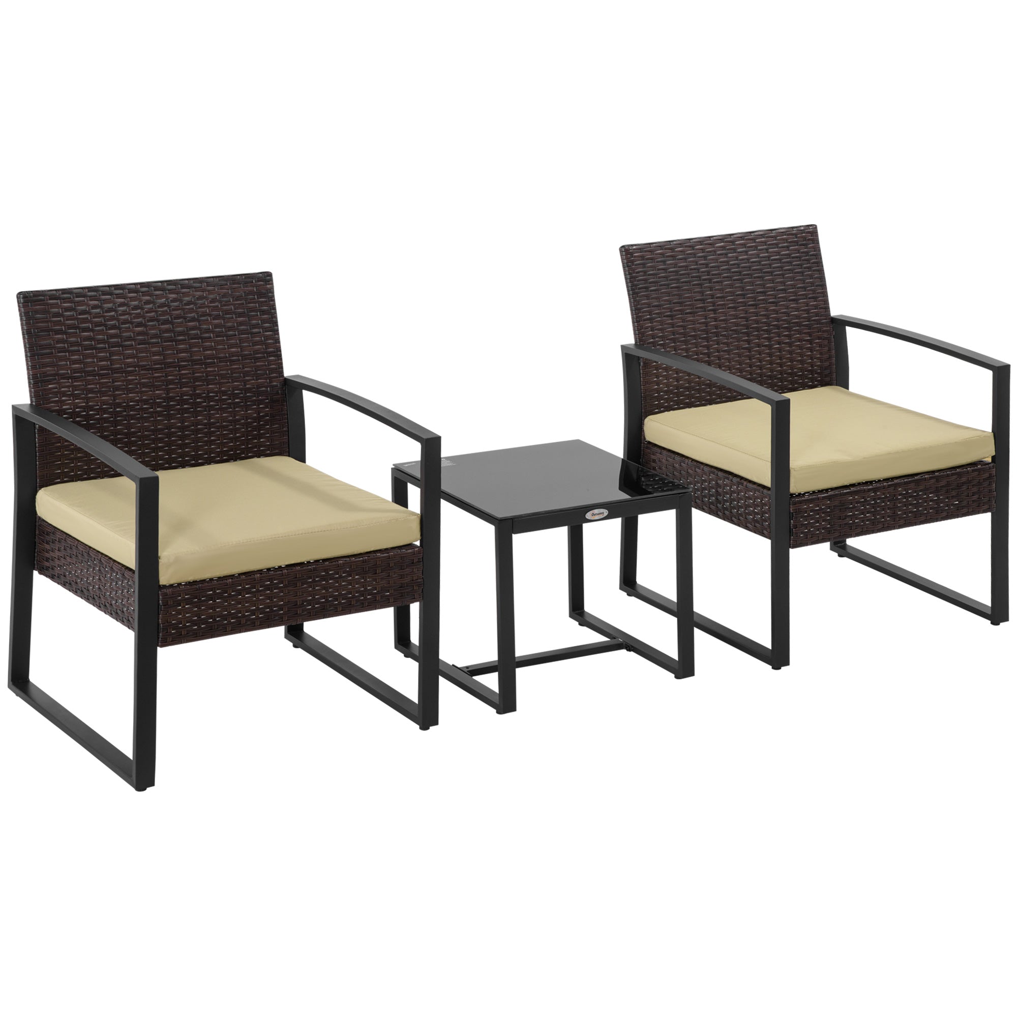 Outsunny 3 pcs PE Rattan Wicker Garden Furniture Patio Bistro Set Weave Conservatory Sofa Coffee Table and Chairs Set Beige - North Peak Garden Furniture