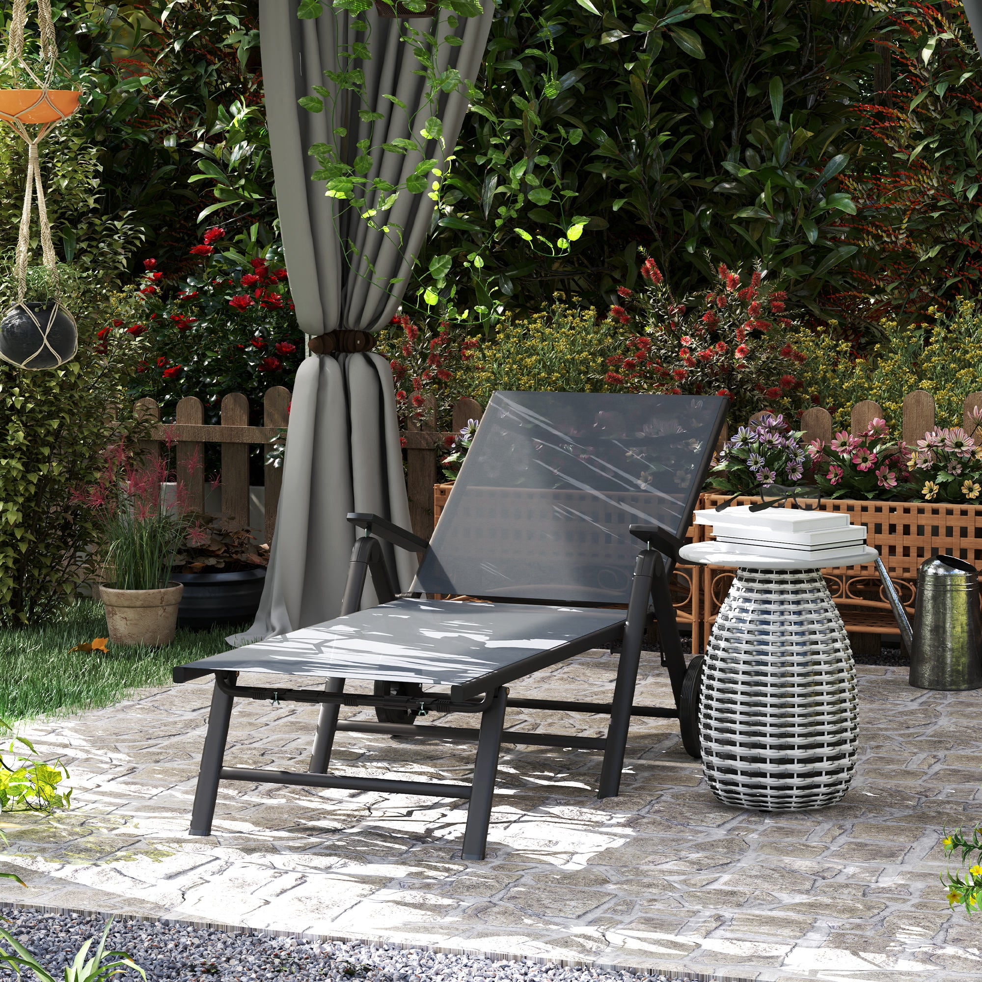 Outsunny Folding Sun Lounger with Wheels, 5-Position Adjustable Garden Chaise Lounge Sunbed with Armrests, Metal Frame Outdoor Portable Reclining Chair for Beach, Porch, Grey - North Peak Garden Furniture
