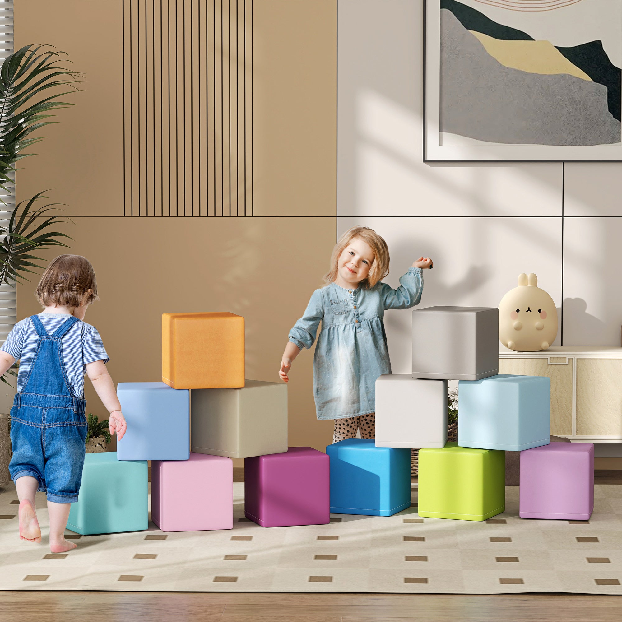 HOMCOM 12 PCs Soft Play Blocks, Soft Foam Toy, Building and Stacking Blocks for Kids, Blue - North Peak Garden Furniture