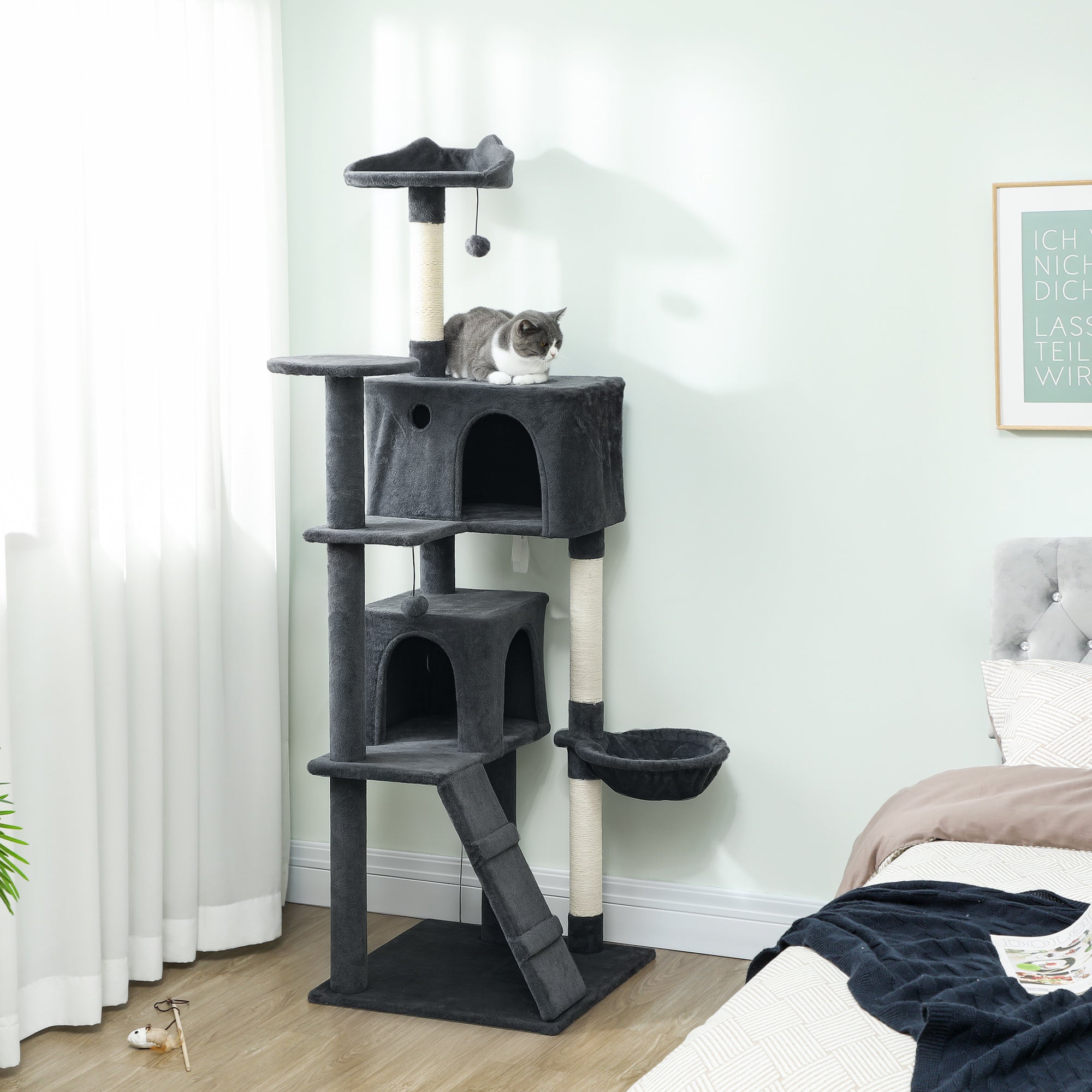 PawHut 180cm Large Cat Tree Tower with Sisal Scratching Posts, Condos, Plush Perches, Hammock, Ladder, Dark Grey