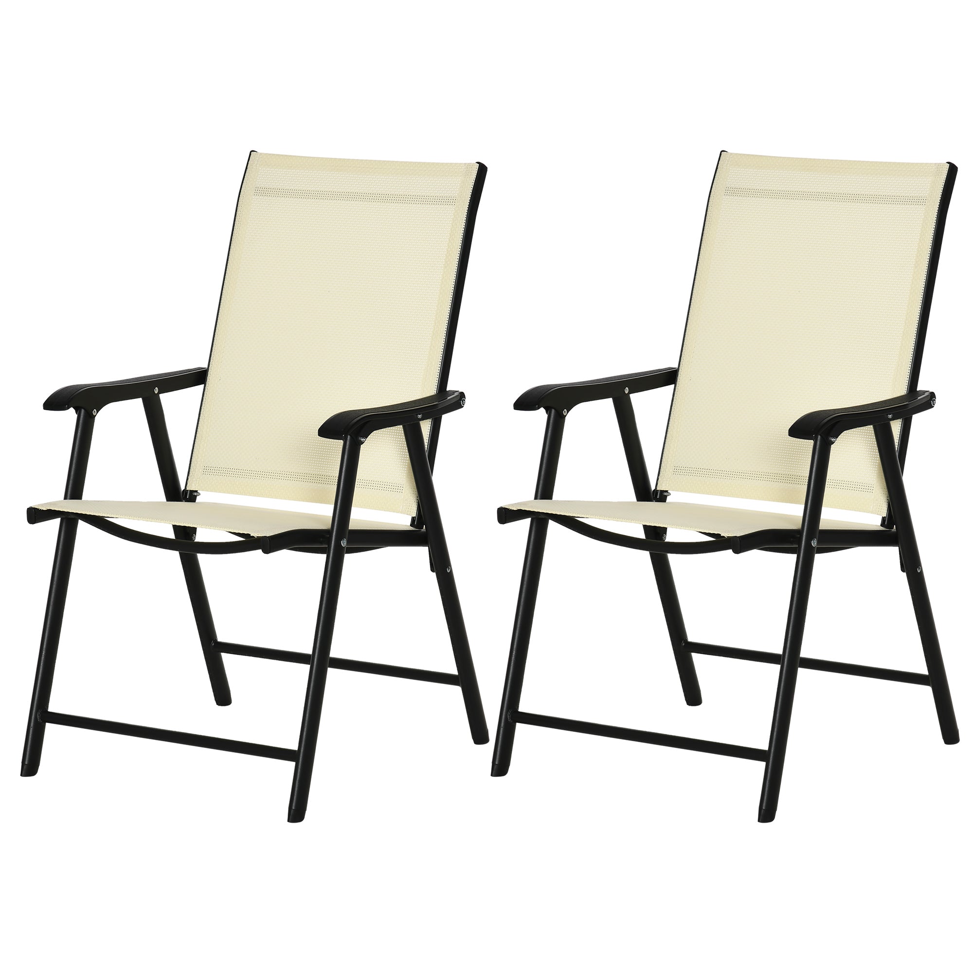 Outsunny Set of 2 Folding Garden Chairs, Metal Frame Garden Chairs Outdoor Patio Park Dining Seat with Breathable Mesh Seat, Beige - North Peak Garden Furniture