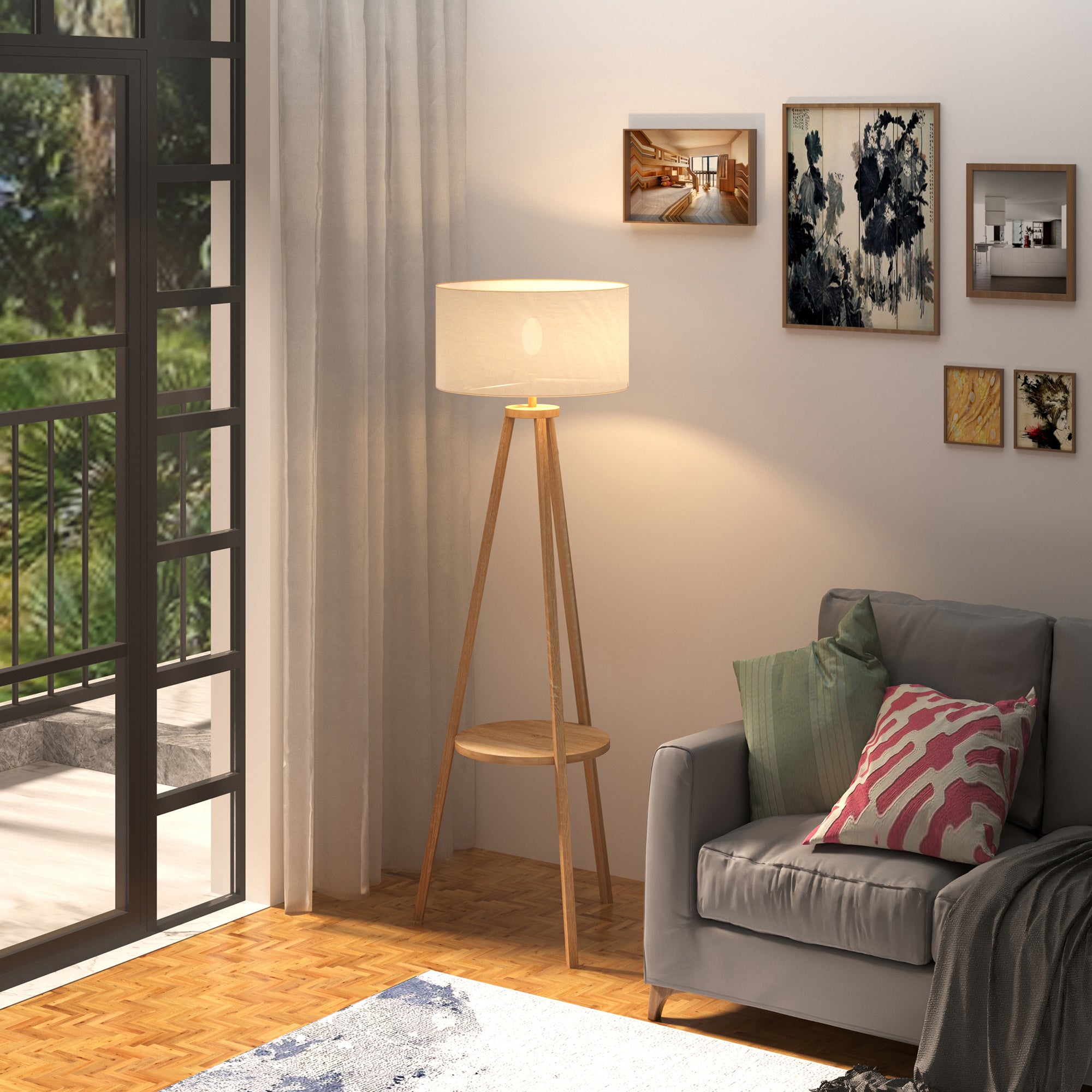 HOMCOM Free Standing Tripod Floor Lamp Bedside Light Reading Light with Storage Shelf Linen Shade for Living Room Bedroom, 154cm, Cream - North Peak Garden Furniture