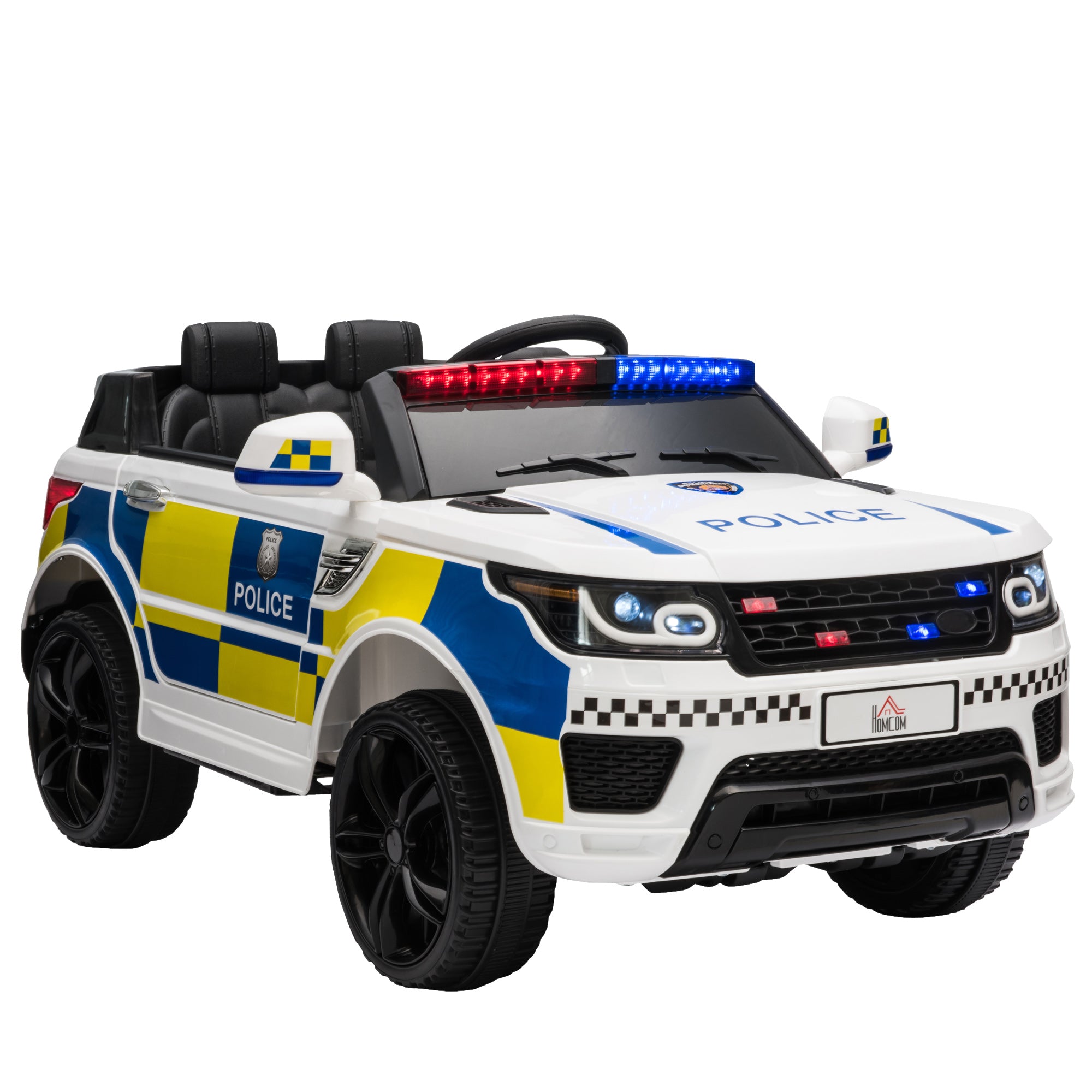 HOMCOM 12V Kids Electric Ride On Police Car 2 Motors with Parental Remote Control Siren Flashing Lights USB Portable for 3-6 Years White - North Peak Garden Furniture