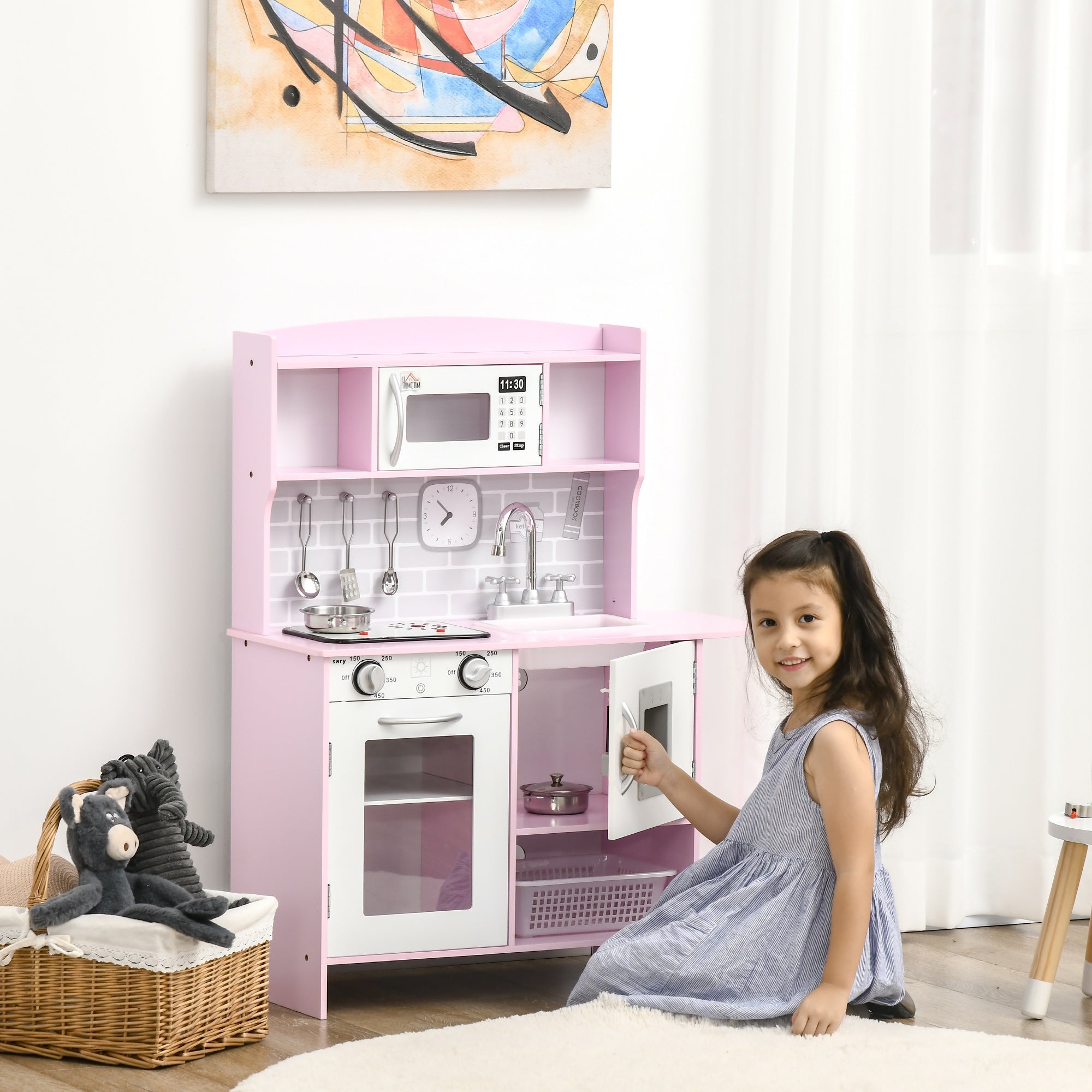 HOMCOM Kids Kitchen Playset, with Lights, Sounds, Microwave, Sink and Storage - Pink - North Peak Garden Furniture