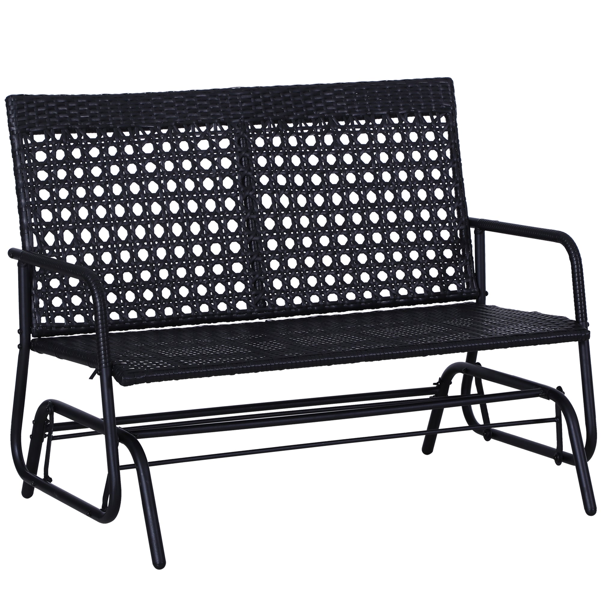 Outsunny 2 Seater PE Rattan Glider Bench, Outdoor Loveseat Chair with Steel Frame, Porch Rocking Glider for 2 Person with Armchair, High Back, Black - North Peak Garden Furniture