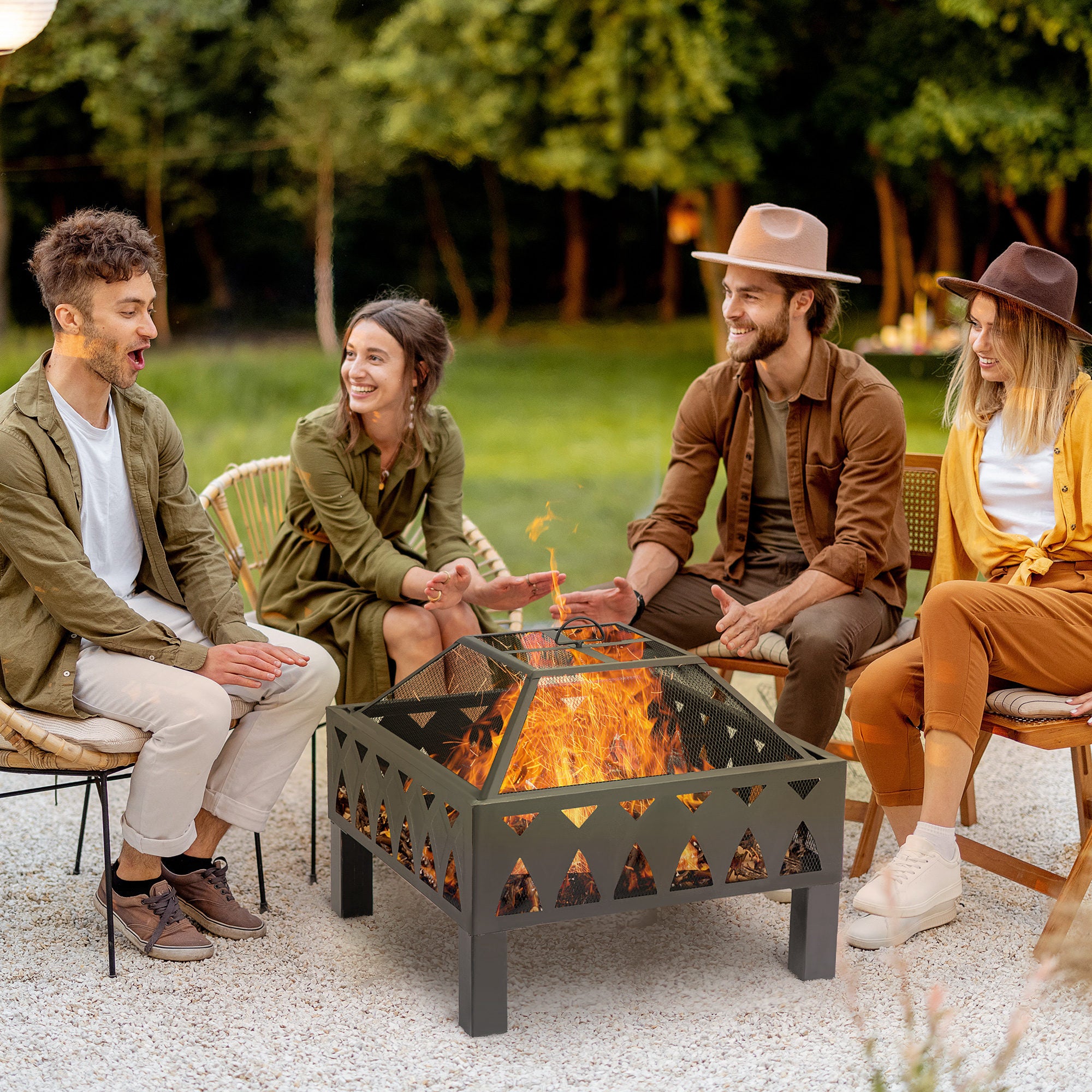 Outsunny 66cm Outdoor Fire Pit with Screen Cover, Wood Burner, Log Burning Firepit Bowl with Poker for Patio, Backyard, Black - North Peak Garden Furniture