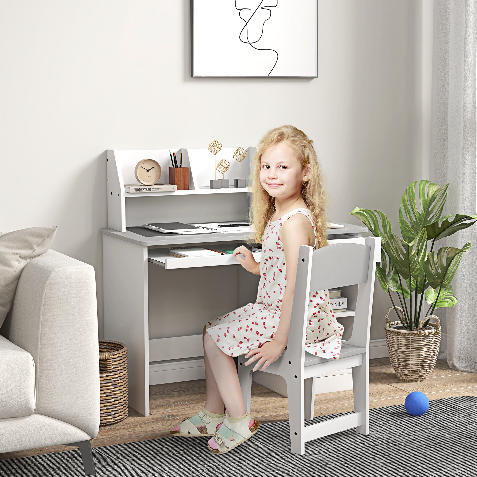 ZONEKIZ Two-Piece Kids Desk and Chair Set with Storage, for Ages 5-8 Years - Grey - North Peak Garden Furniture