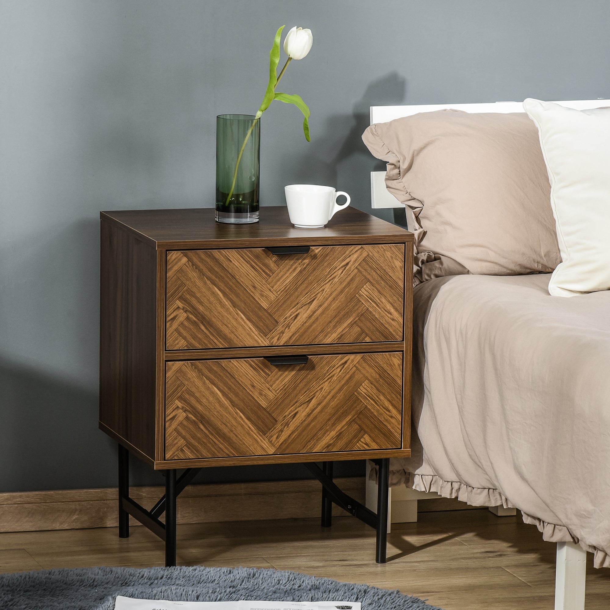 HOMCOM Bedside Table with Two Drawers, Side Cabinet Storage Unit with Metal Handles, Organisation Furniture for Living Room, Bedroom, Walnut Brown - North Peak Garden Furniture