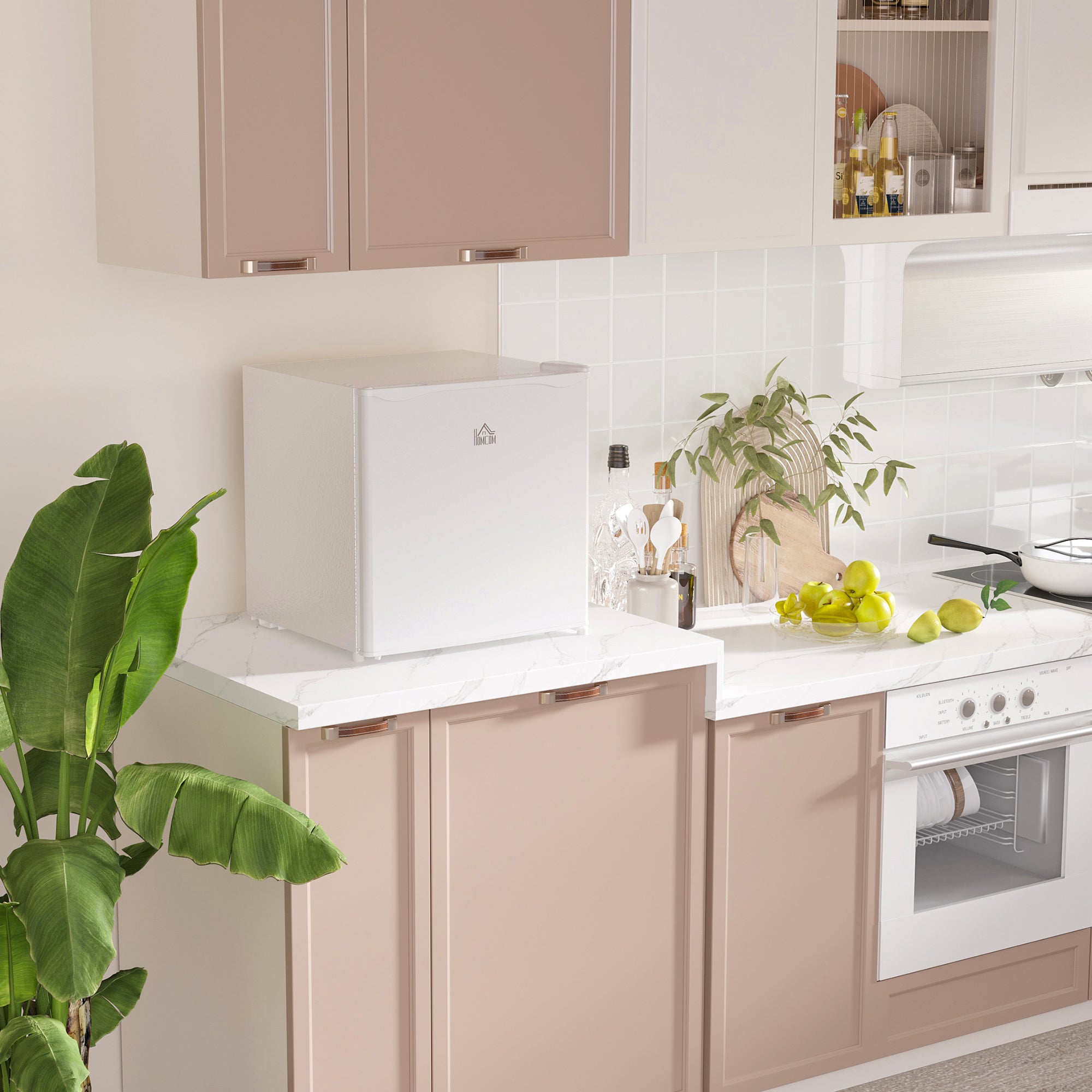 HOMCOM 46 Litre Table Top Mini Fridge, Small Fridge with Ice Box, Reversible Door, Adjustable Temperature and Legs, Mini Fridge for Bedrooms, Home Office, Cream - North Peak Garden Furniture