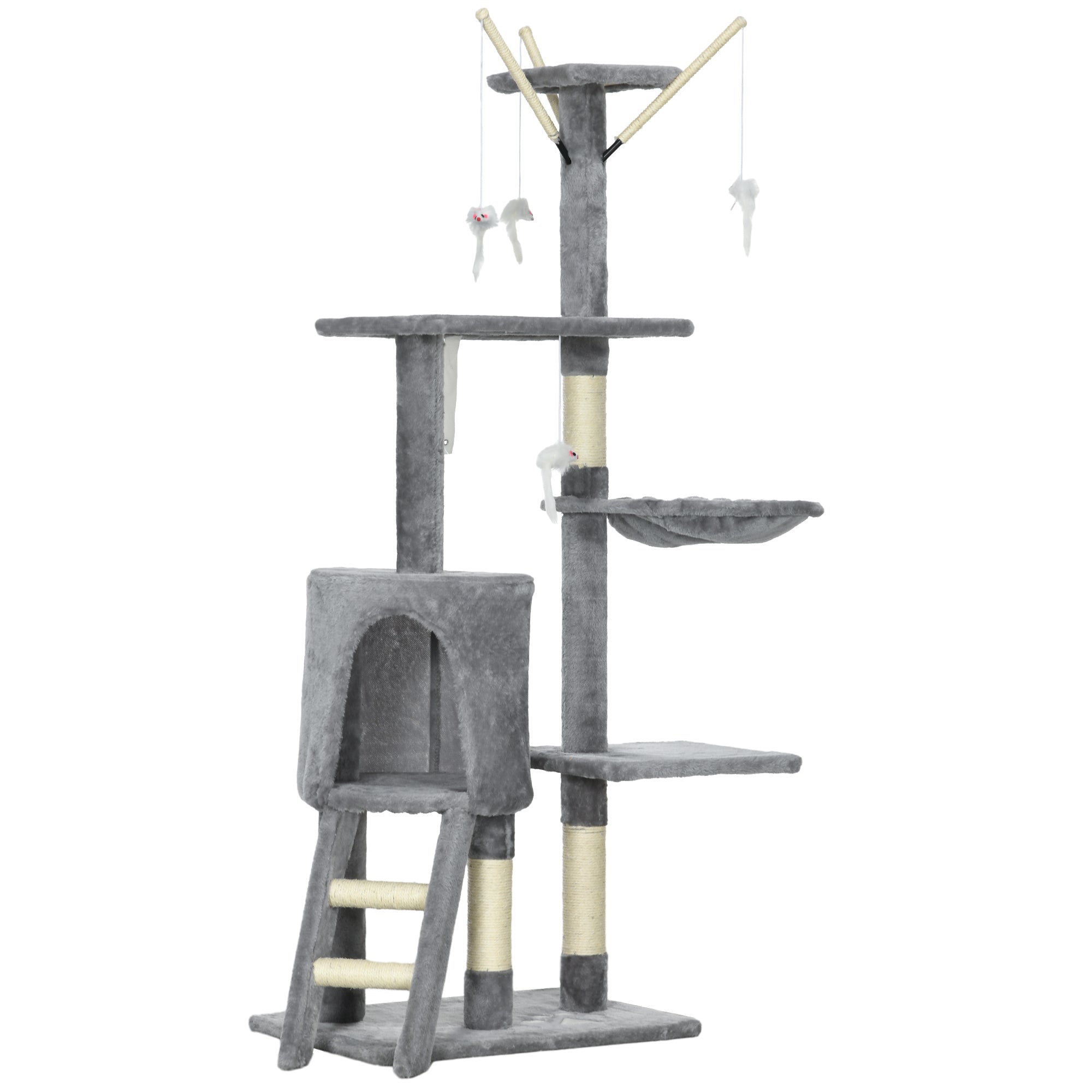 PawHut Cat Scratching Post Cat Tree for Indoor Cats Climbing Tower Scratcher w/ Ladder Kitty Activity Centre 135cm Grey - North Peak Garden Furniture