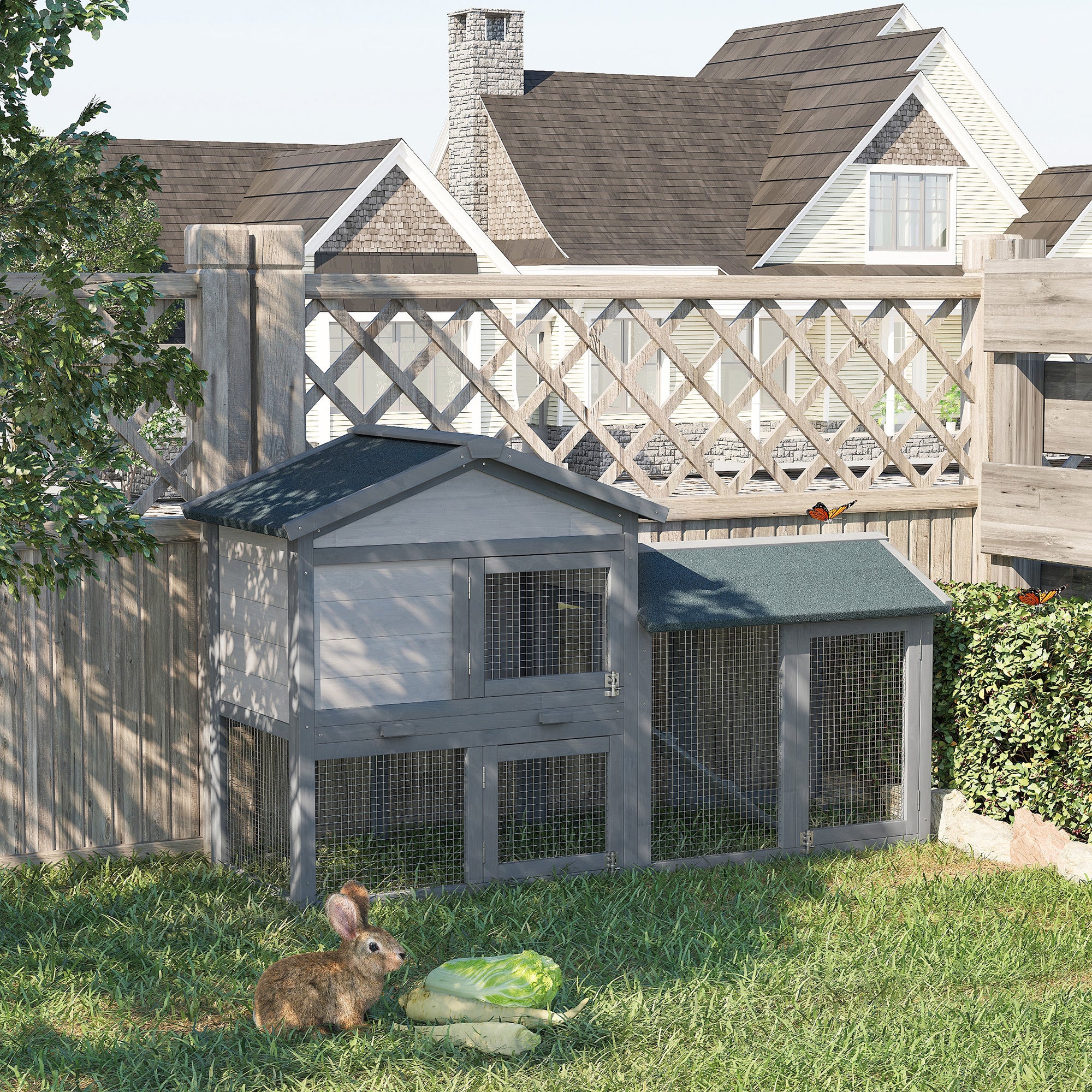PawHut Wooden Rabbit Hutch Outdoor, Double Tier Guinea Pig Hutch, Small Animal House Water-Resistant Roof Ramp 147 x 54 x 84 cm - North Peak Garden Furniture