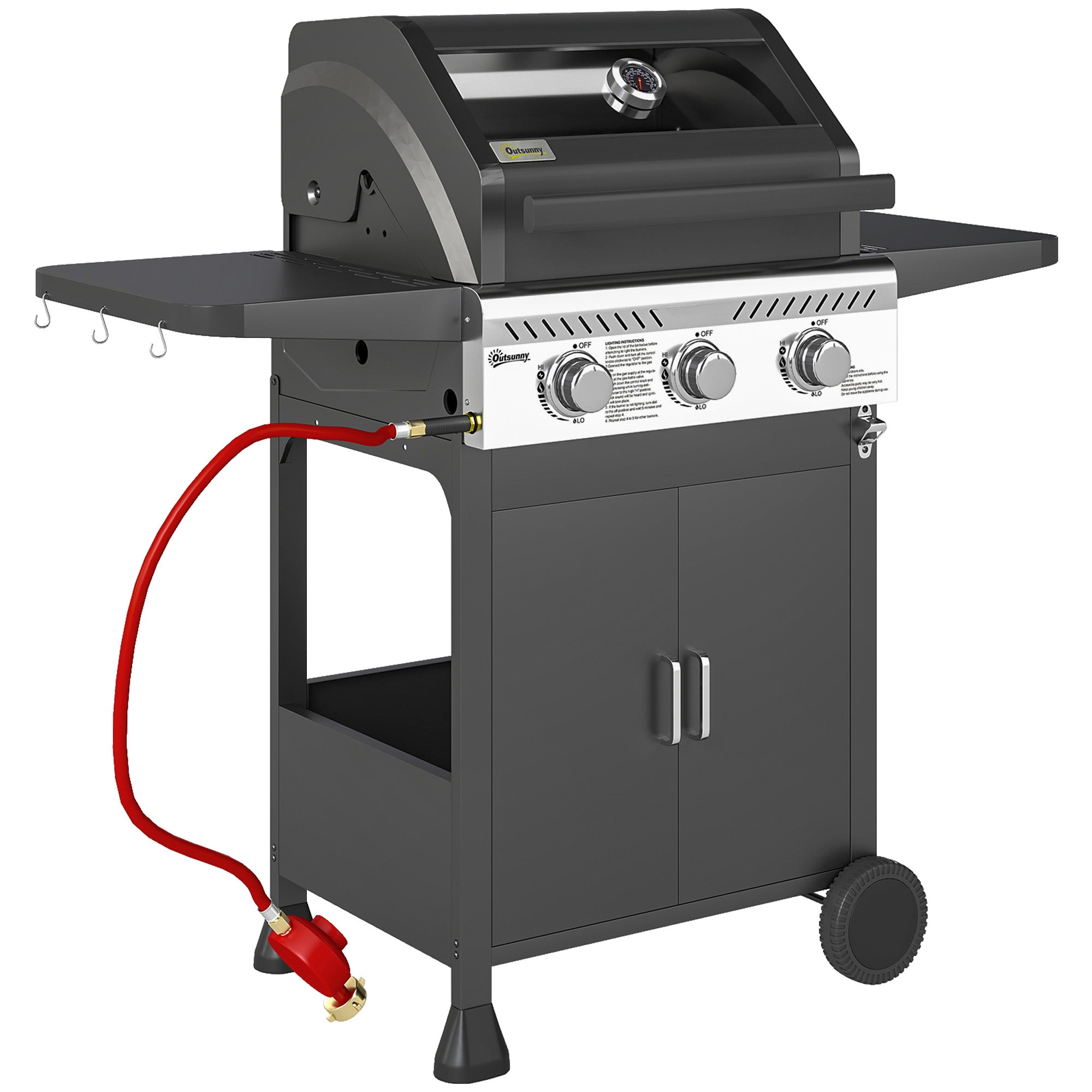 Outsunny 7.5kW Three-Burner Gas BBQ Grill, with See-Through Lid - Black - North Peak Garden Furniture