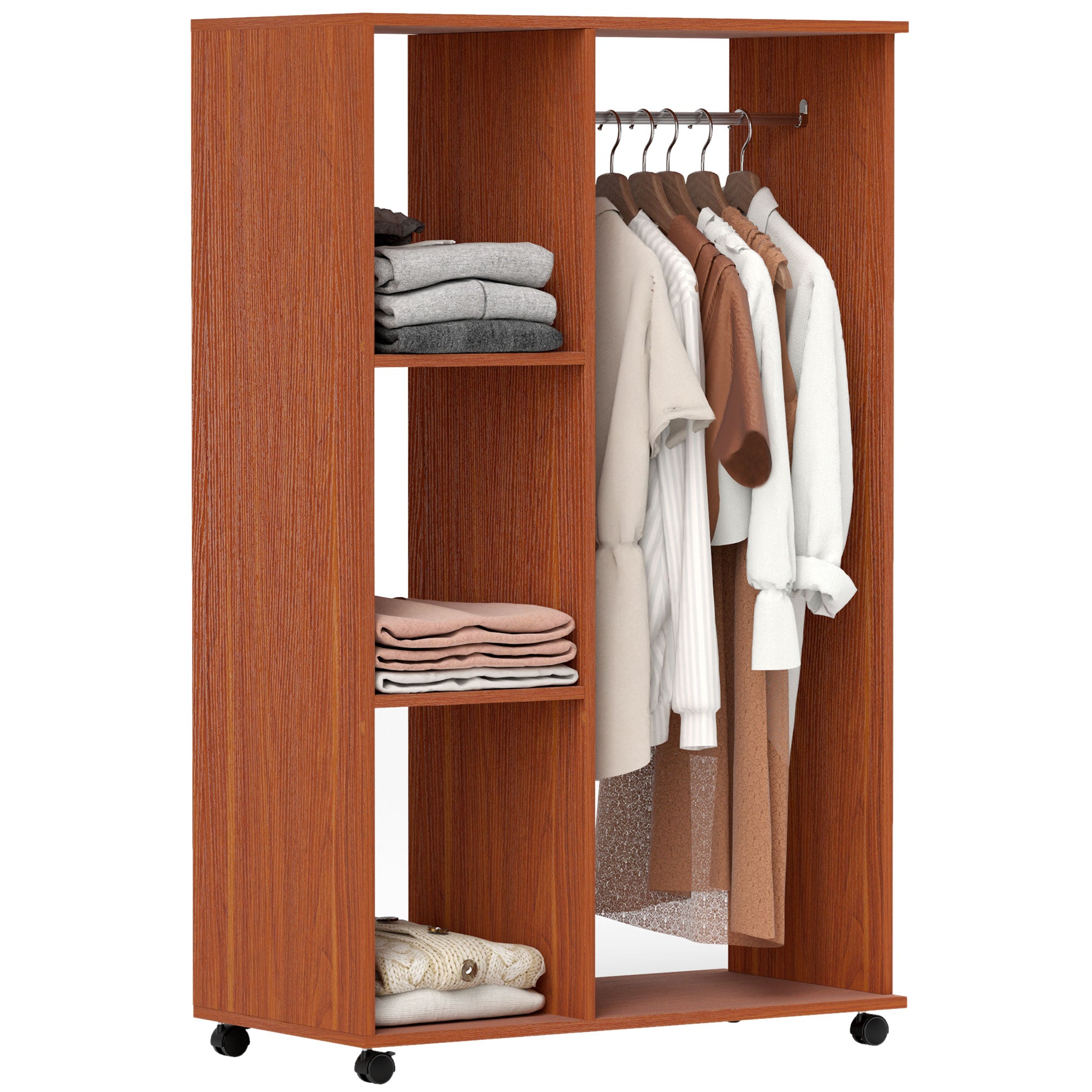 HOMCOM Open Wardrobe on Wheels with Clothes Rail, Bedroom Clothes Storage with Hanging Rod, 3 Storage Shelves, Mobile Garment Rack for Cloakroom, Hallway, Walnut