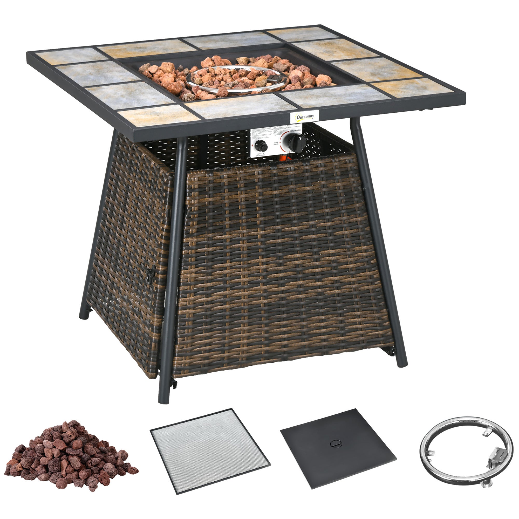 Outsunny Square Outdoor PE Rattan Fire Pit TableGas Burner Heater w/ Control Panel, Slate Top, Lid and Lava Rocks, 50,000 BTU - North Peak Garden Furniture