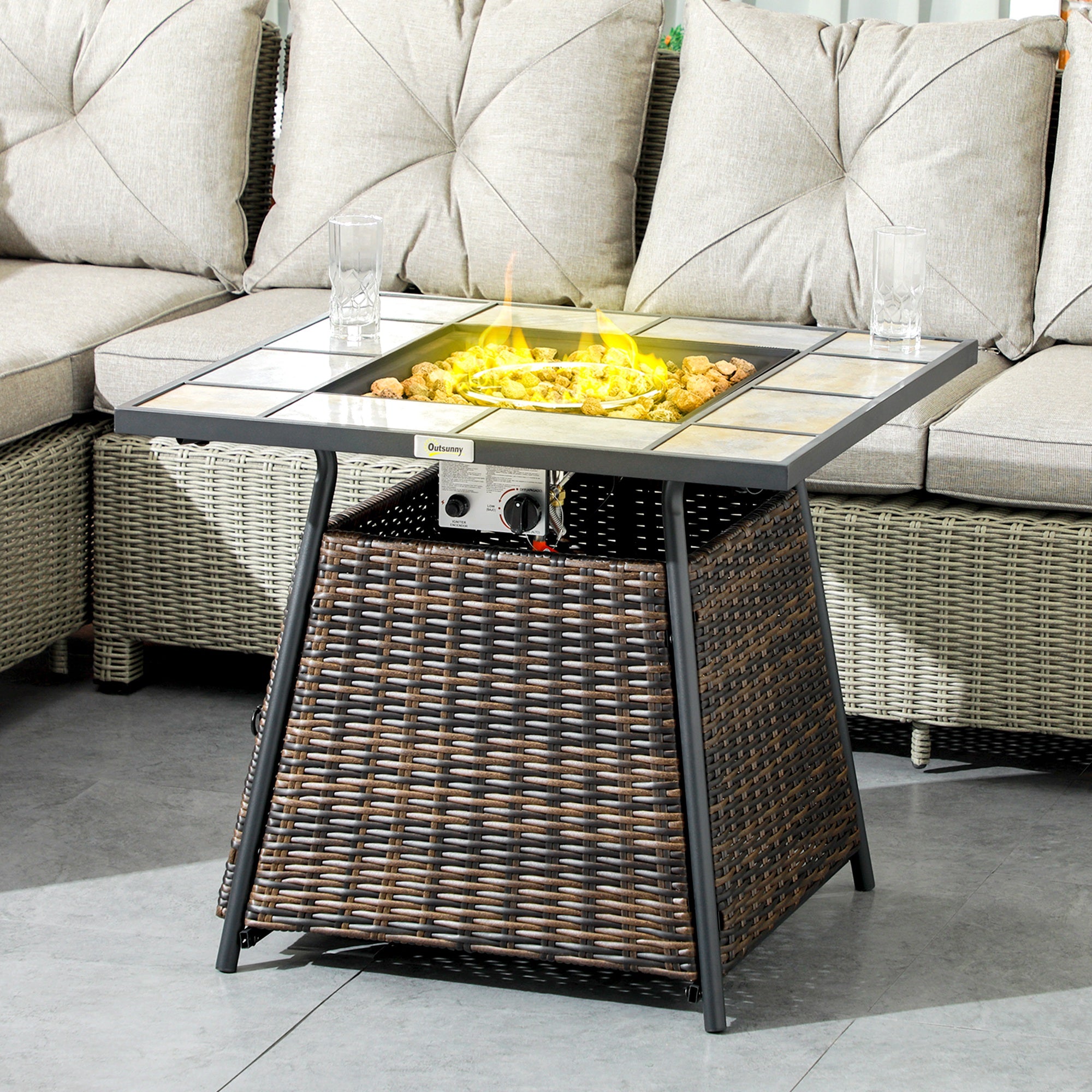Outsunny Square Outdoor PE Rattan Fire Pit TableGas Burner Heater w/ Control Panel, Slate Top, Lid and Lava Rocks, 50,000 BTU - North Peak Garden Furniture