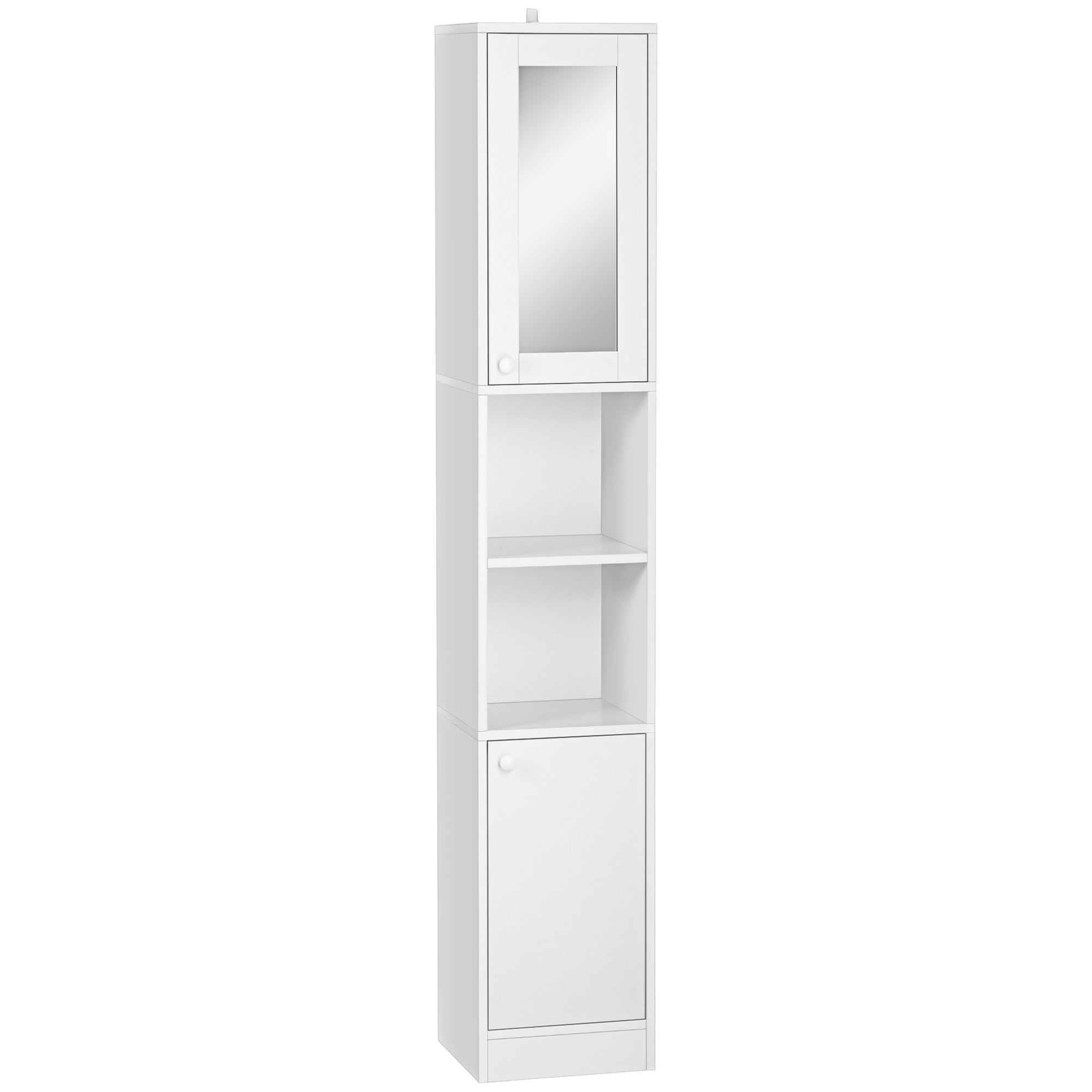 kleankin Tall Bathroom Storage Cabinet with Mirror, Narrow Bathroom Unit, Freestanding Bathroom Cupboard with Adjustable Shelves and 2 Doors, White - North Peak Garden Furniture