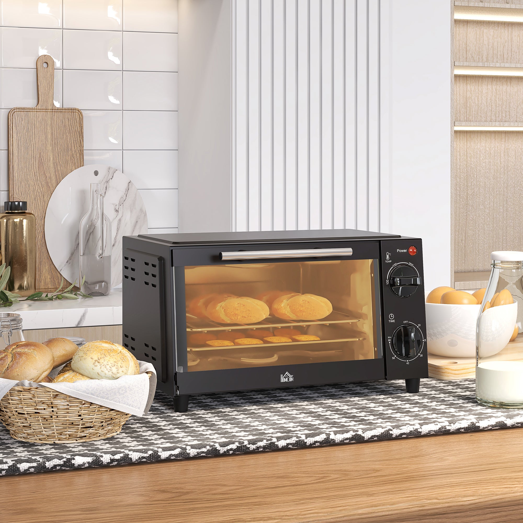 HOMCOM Mini Oven, 9L Countertop Electric Grill, Toaster Oven with Adjustable Temperature, Timer, Dishwasher Safe Baking Tray and Wire Rack, 750W, Black - North Peak Garden Furniture
