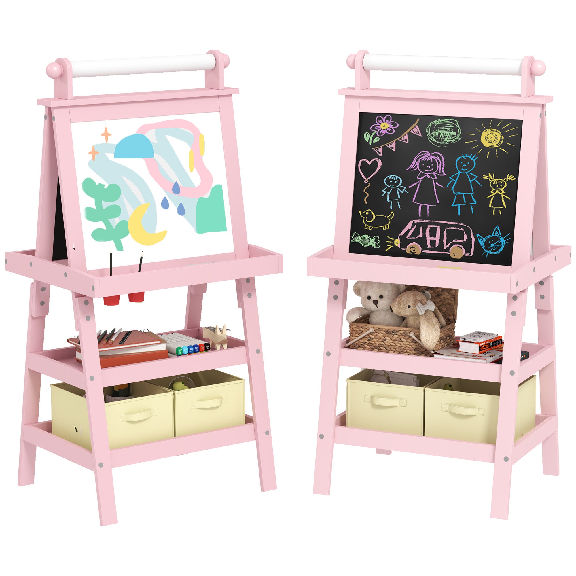 AIYAPLAY 3 in 1 Kids Easel Double-Sided Magnetic Whiteboard and Chalkboard with Paper Roll, Storage Baskets - Pink - North Peak Garden Furniture