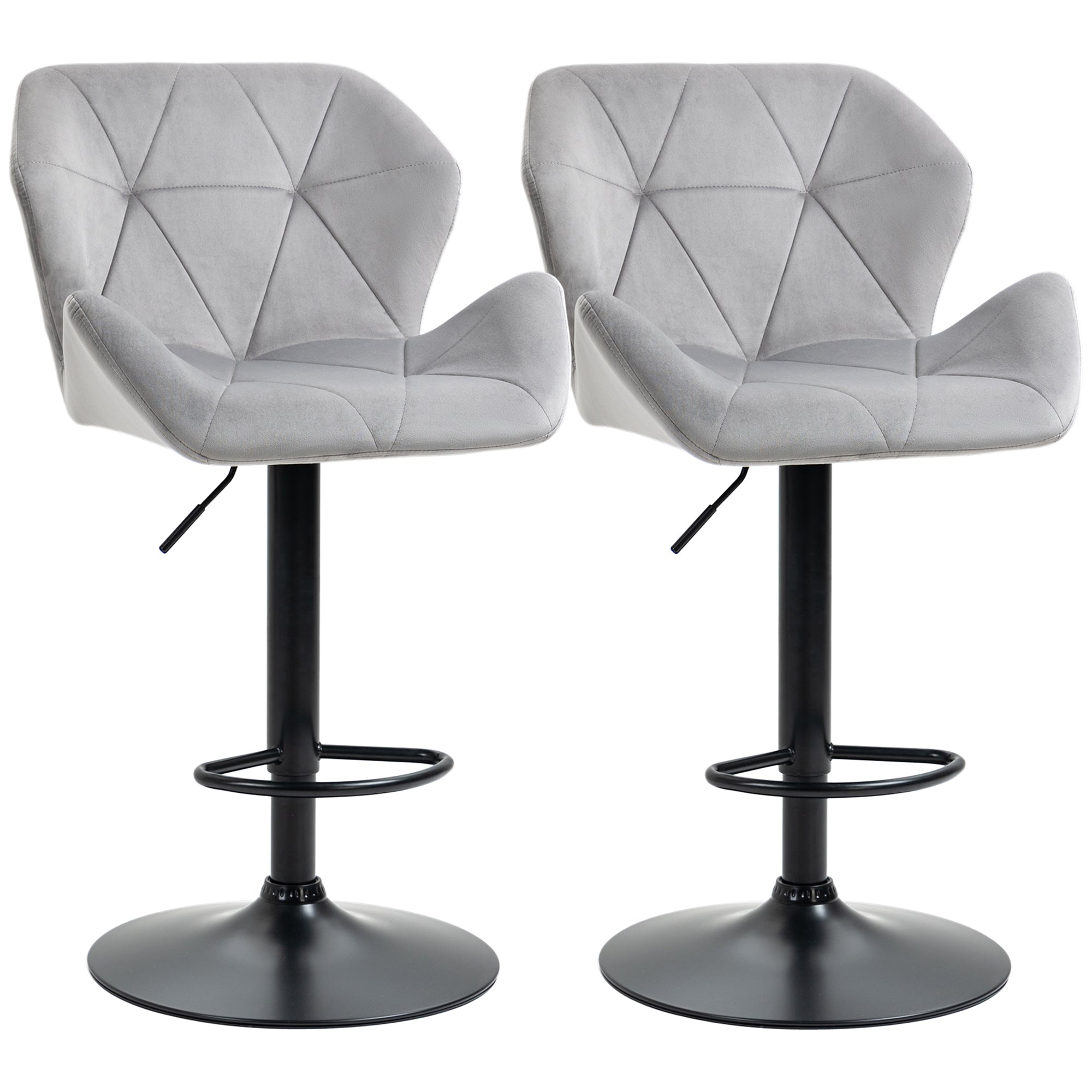 HOMCOM Bar Stools Set Of 2, Luxurious Velvet-Touch Barstools with Metal Frame Footrest Round Base Triangle Indenting Moulded Seat Adjustable Height Swivel Grey - North Peak Garden Furniture