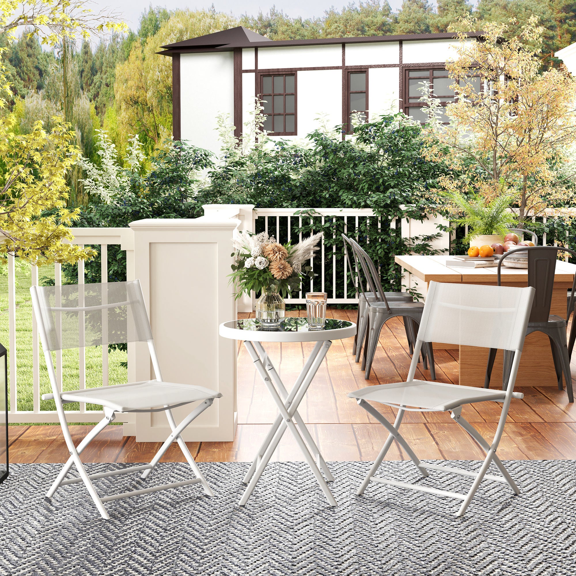 Outsunny 3 Pieces Outdoor Bistro Set, Glass Top Outdoor Table and 2 Folding Chairs with Protecting Feet, White - North Peak Garden Furniture