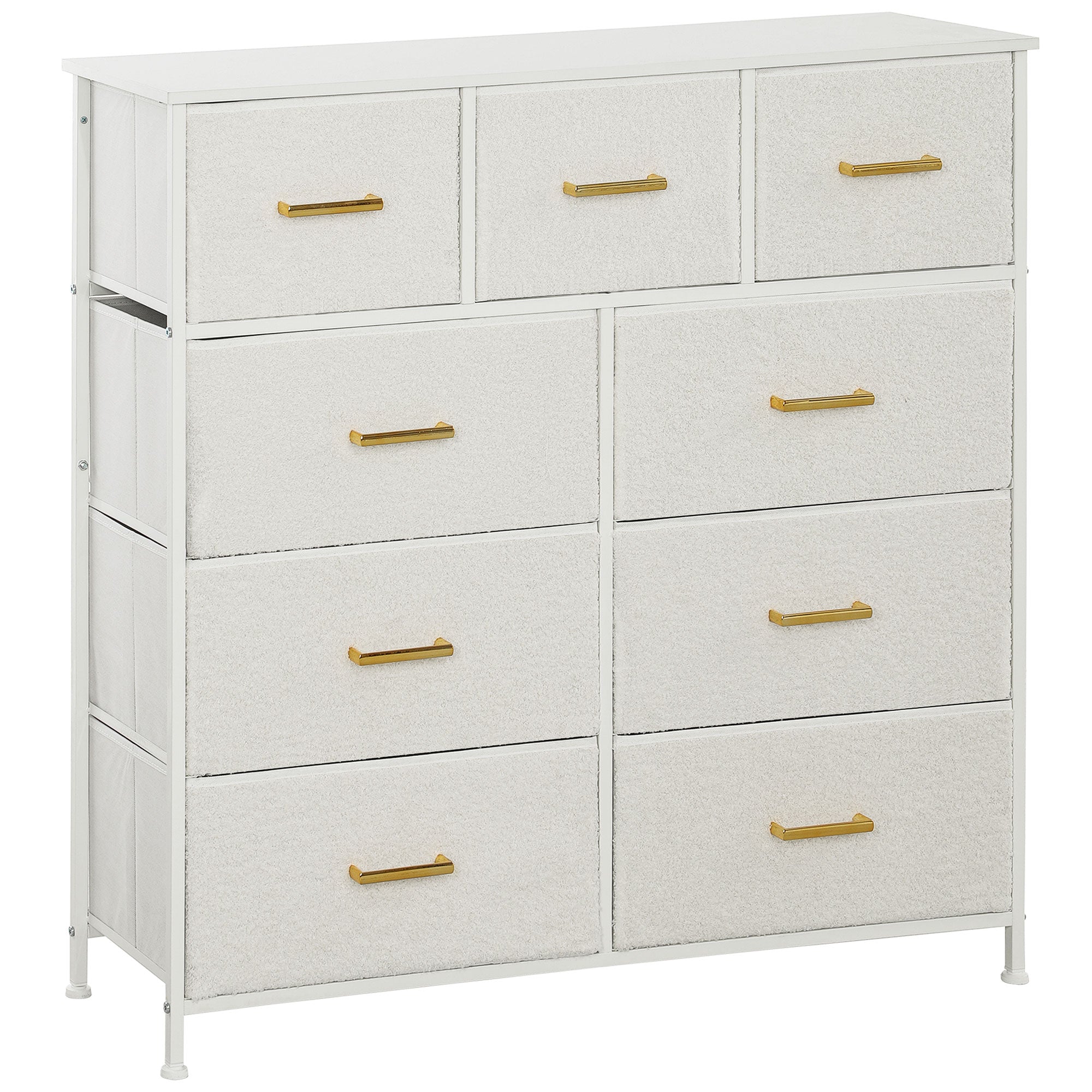 HOMCOM Chest of Drawers with 9 Fabric Drawers, Boucle Storage Organiser with Steel Frame, Fabric Dresser for Bedroom, Living Room, Hallway, Cream White - North Peak Garden Furniture