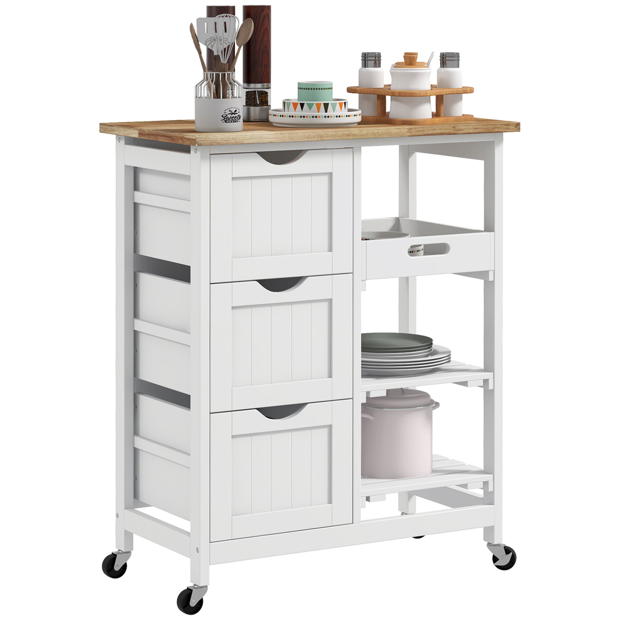 HOMCOM Rolling Kitchen Island Cart, Bar Serving Cart, Compact Trolley on Wheels with Wood Top, Shelves & Drawers for Home Dining Area, White - North Peak Garden Furniture