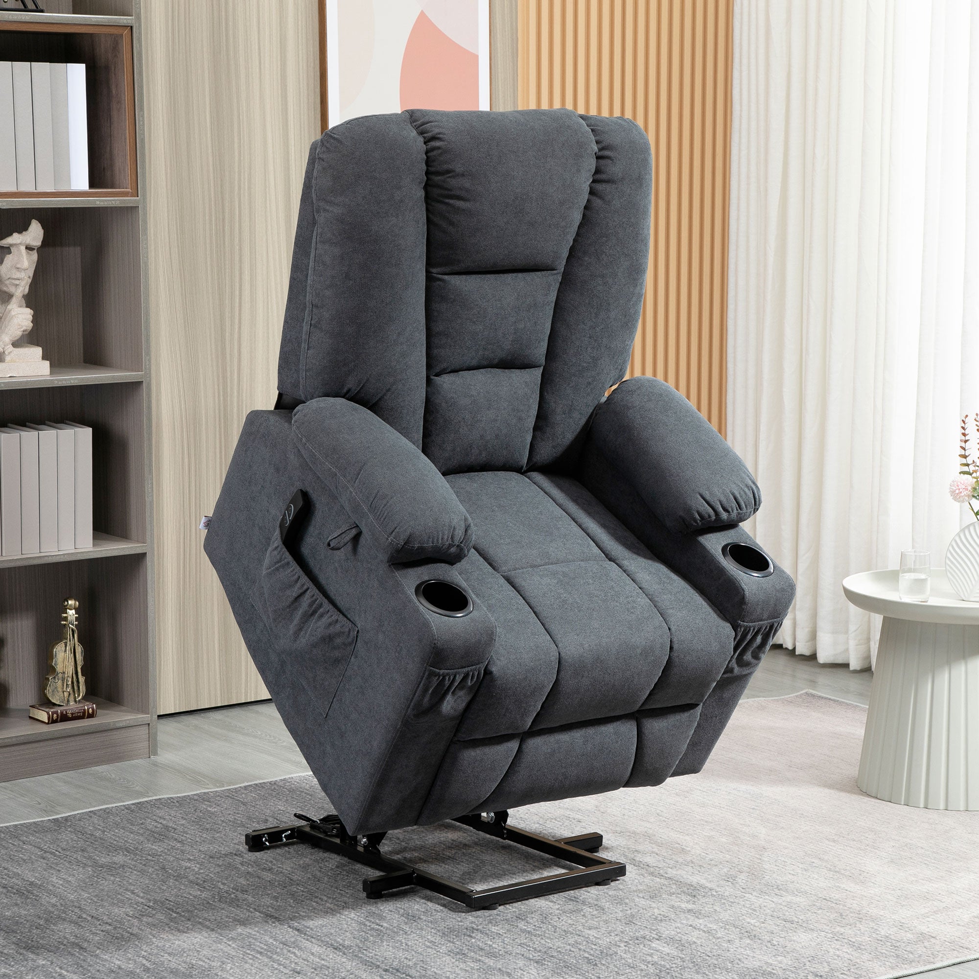HOMCOM Oversized Riser and Recliner Chairs for the Elderly, Fabric Upholstered Lift Chair for Living Room with Remote Control, Side Pockets, Cup Holder, Charcoal Grey - North Peak Garden Furniture