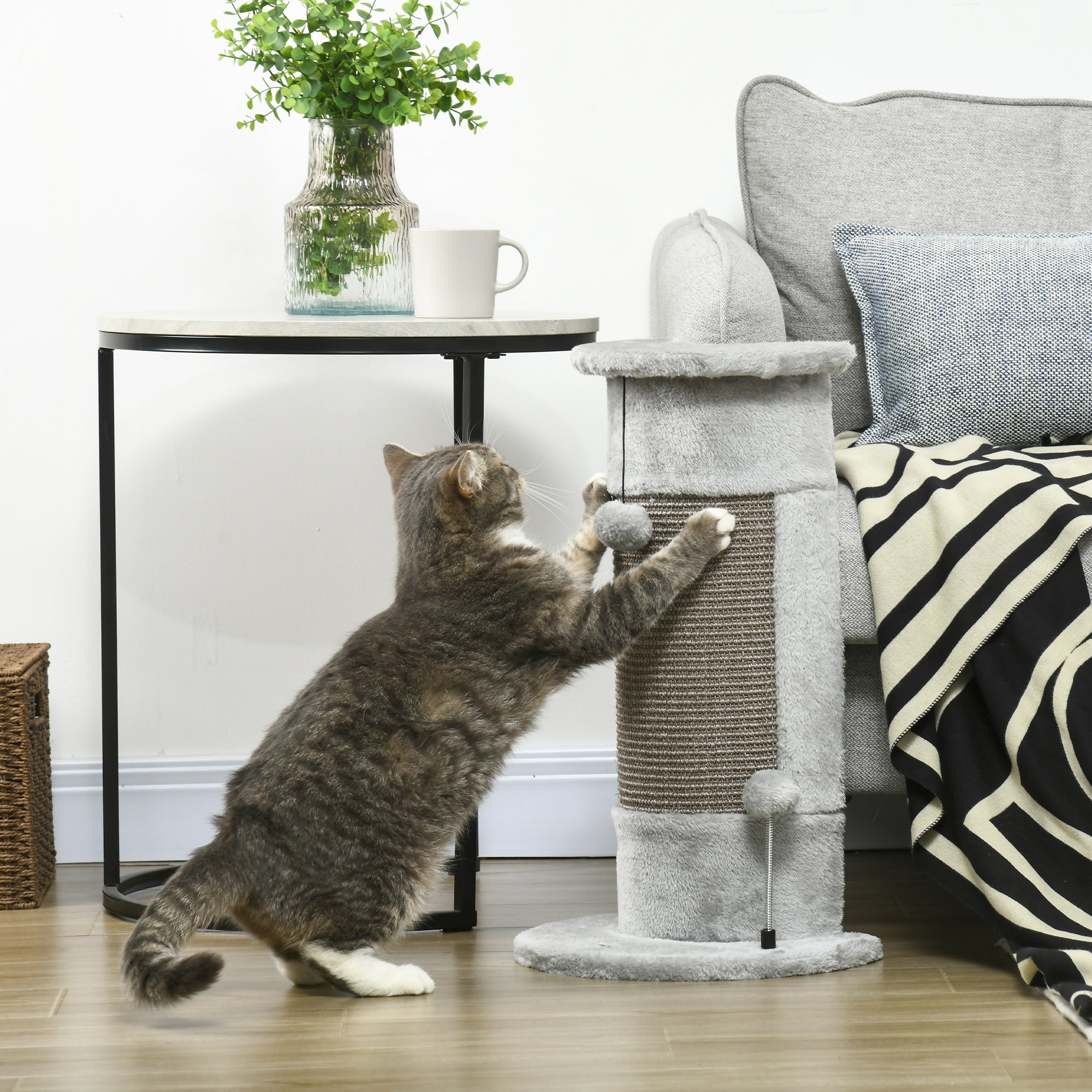 PawHut 58cm Cat Scratching Post, with Covered Plush, Play Balls, for Corner Walls - Grey - North Peak Garden Furniture
