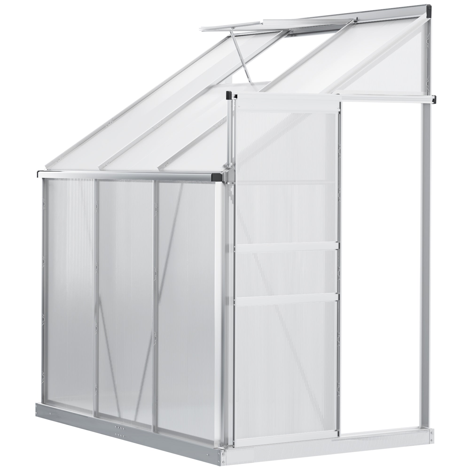 Outsunny 6 x 4ft Lean to Wall Polycarbonate Greenhouse Aluminium Walk-in Garden Greenhouse with Adjustable Roof Vent, Rain Gutter and Sliding Door, Clear - North Peak Garden Furniture