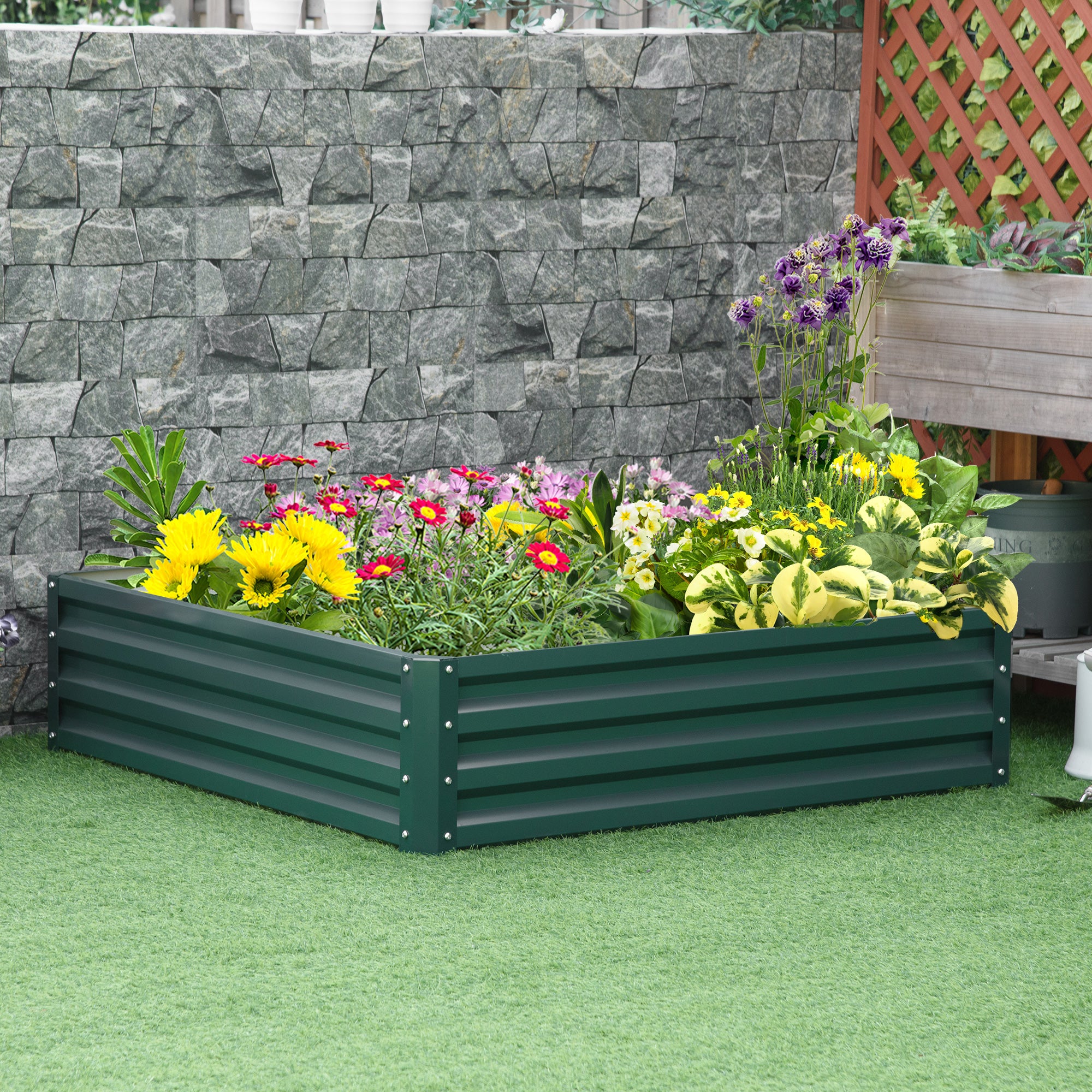 Outsunny Square Raised Garden Bed Box with Weatherized Steel Frame for Vegetables, Flowers, & Herbs, 120 x 120 x 30cm, Green - North Peak Garden Furniture