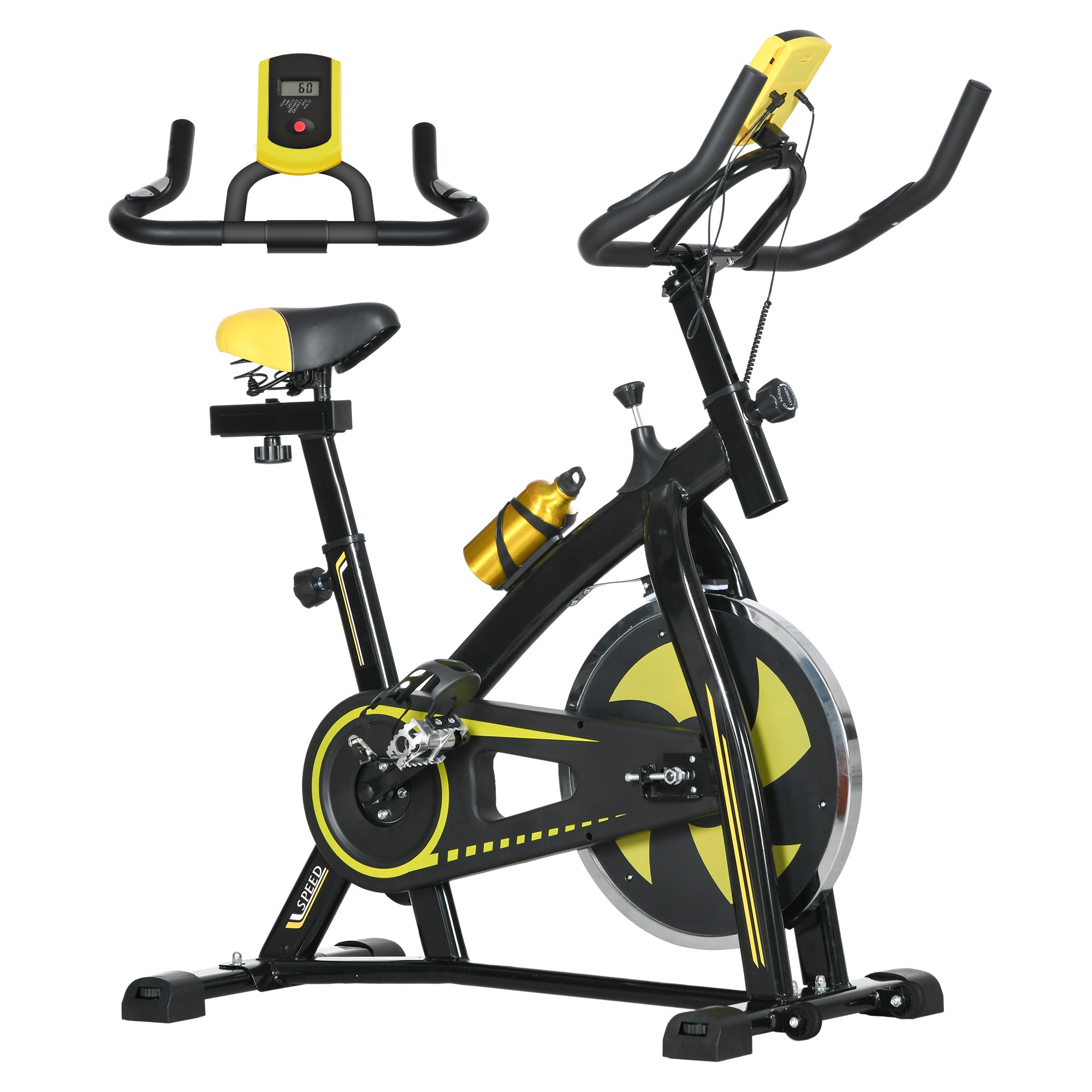 SPORTNOW Exercise Bike, Indoor Stationary Bike, Cycling Machine with Adjustable Seat and Resistance for Home Gym Workout, Yellow - North Peak Garden Furniture